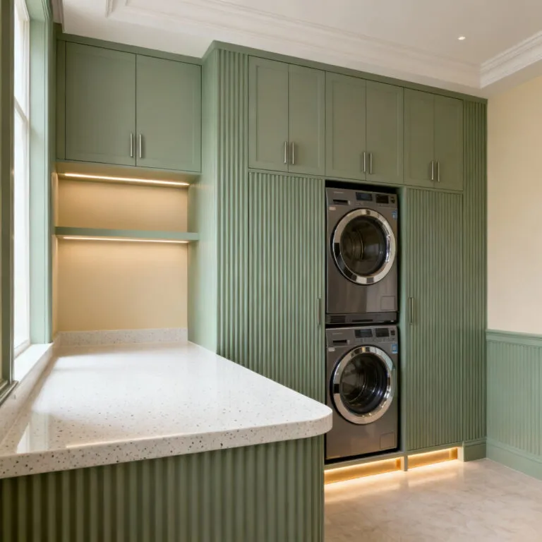 Sophisticated hotel-inspired laundry room with integrated sage green paneling concealing appliances, a cohesive color palette, and luxurious utility space design.