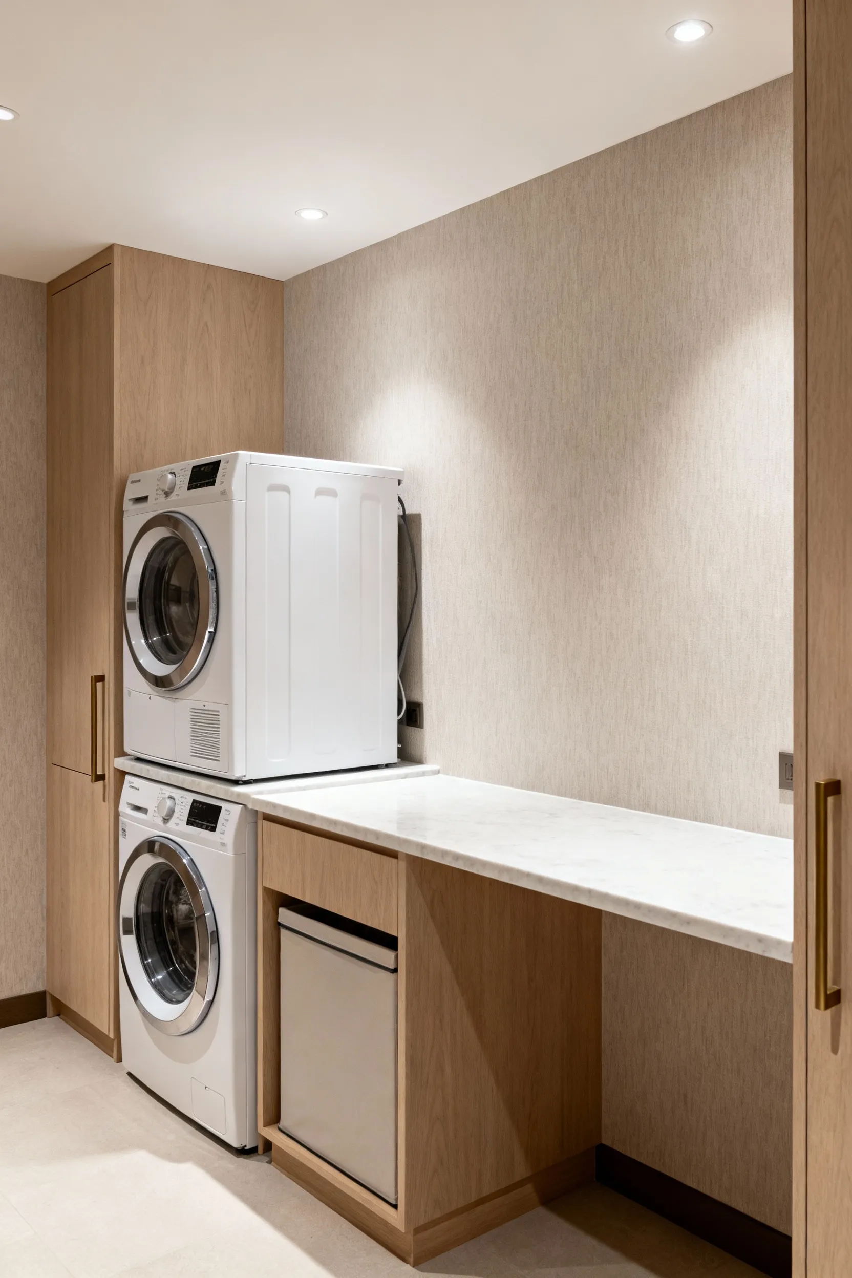 A modern hotel-inspired laundry room showing an ergonomic setup with white front-loading washing machine and dryer elevated to counter height by light oak cabinetry, featuring a continuous folding counter. The space is clean, uncluttered, and illuminated by soft, recessed lighting.