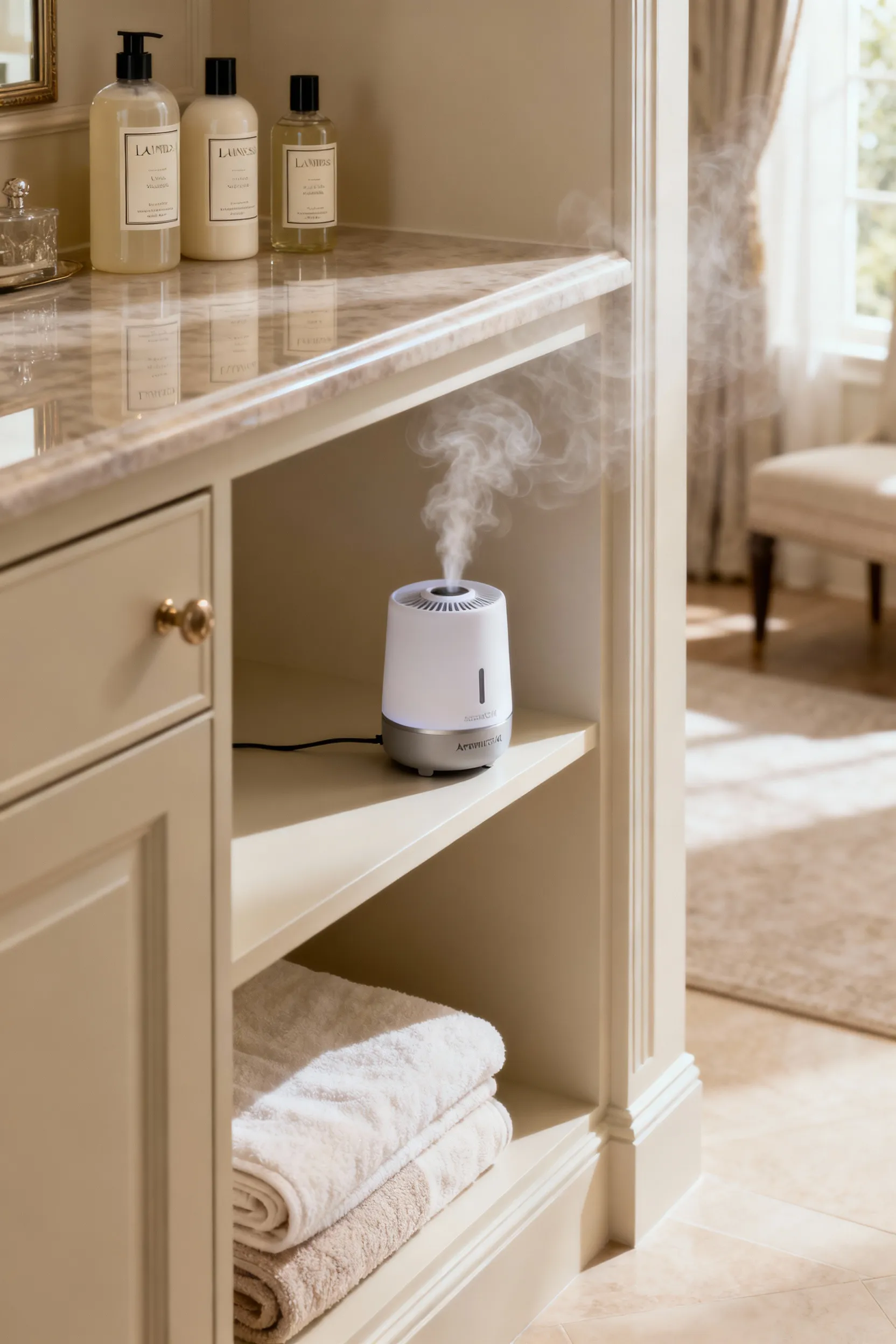 Elegant laundry room with a subtle cold-air scent diffuser creating a luxurious aromatic experience, surrounded by high-end fabric care products and soft, folded linens.