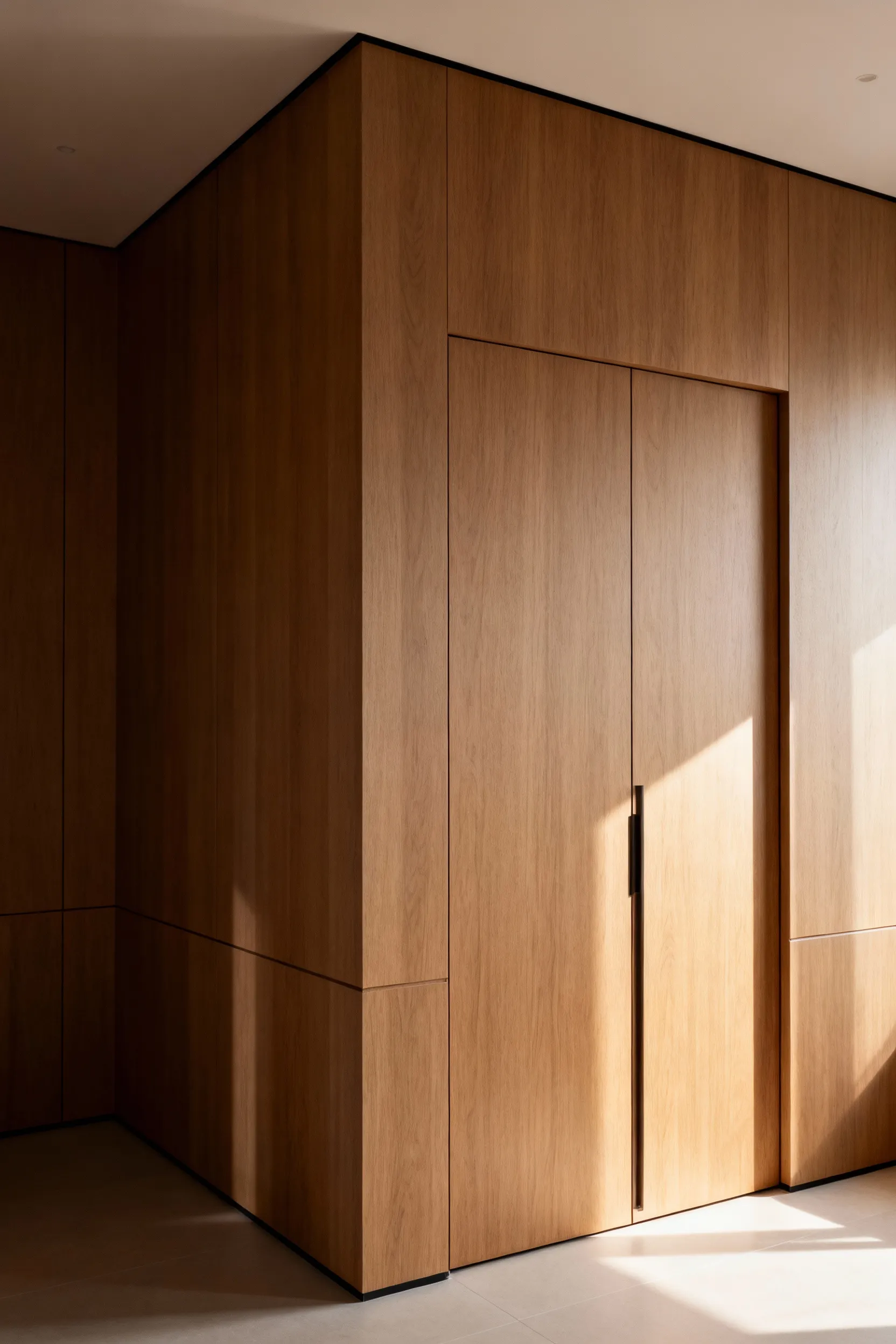 Image of a bespoke, flush pivot door in a luxury laundry room, seamlessly integrated into a paneled wall with a shadow-gap architrave, highlighting discreet architectural design.