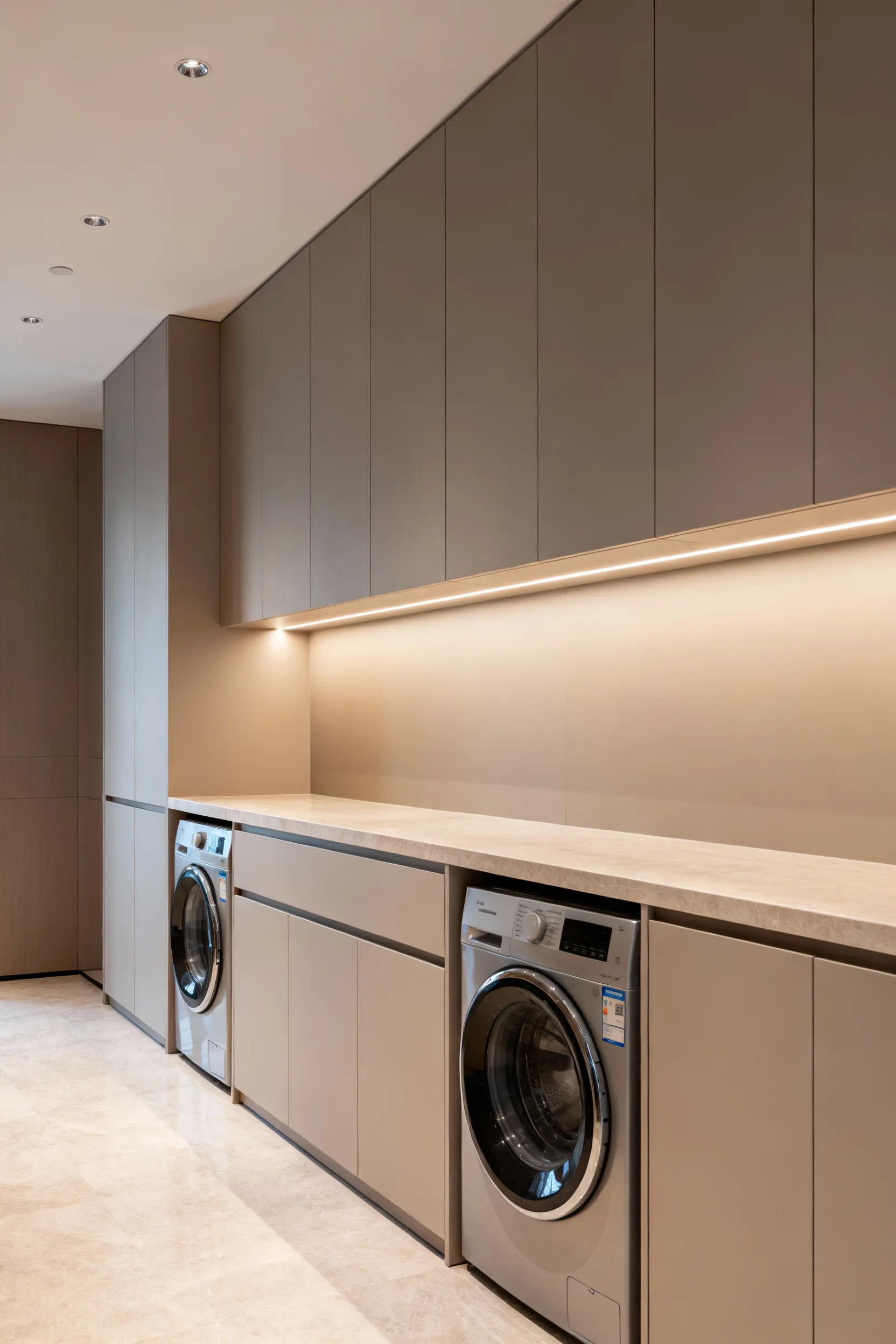 Luxury laundry room with integrated custom cabinetry, concealing washer, dryer, and storage behind flush panels, embodying hotel-inspired design and organizational excellence.