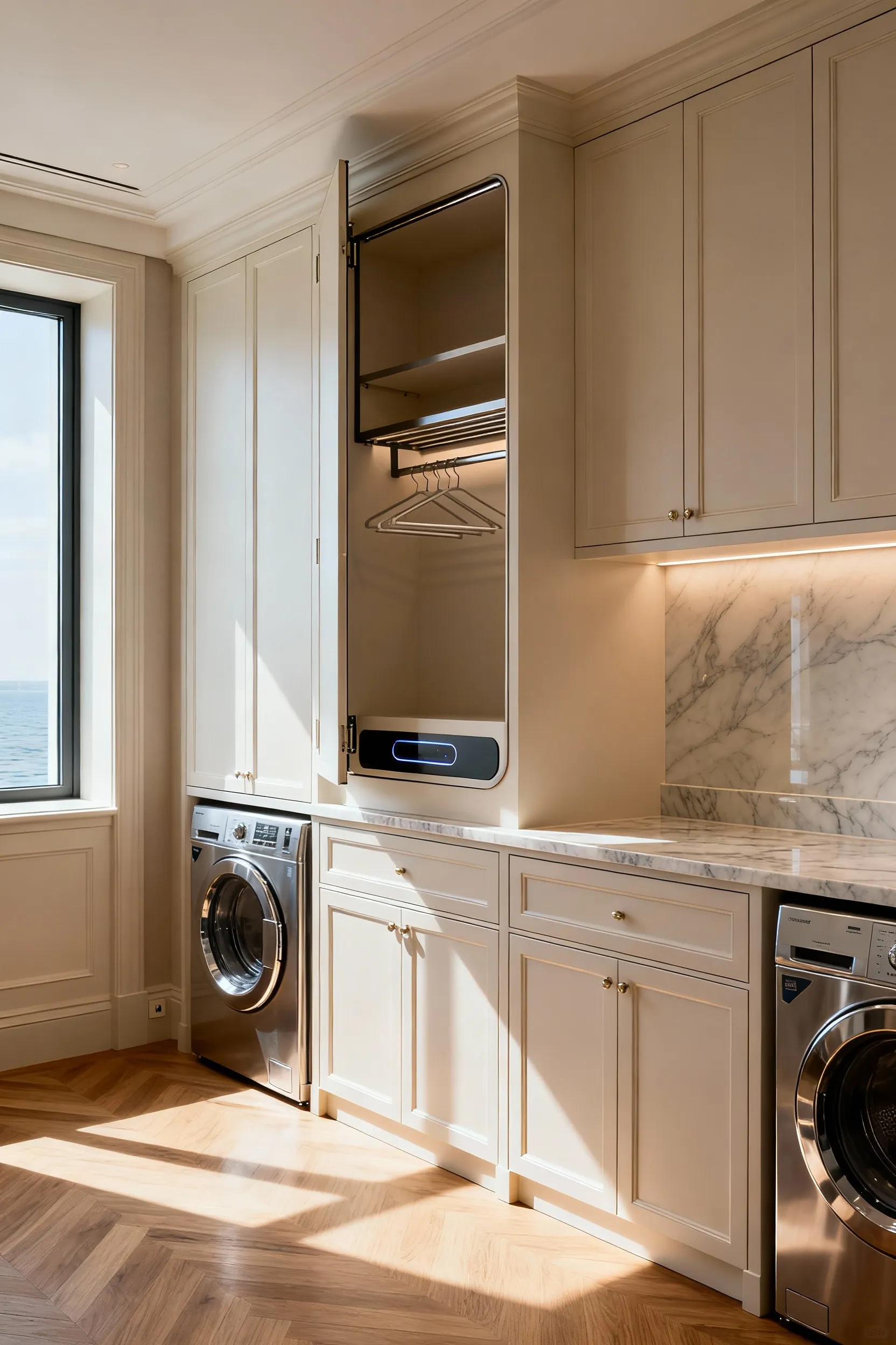 Luxurious hotel-inspired laundry room with integrated, concealed wall-mounted drying racks, clean lines, and premium finishes.