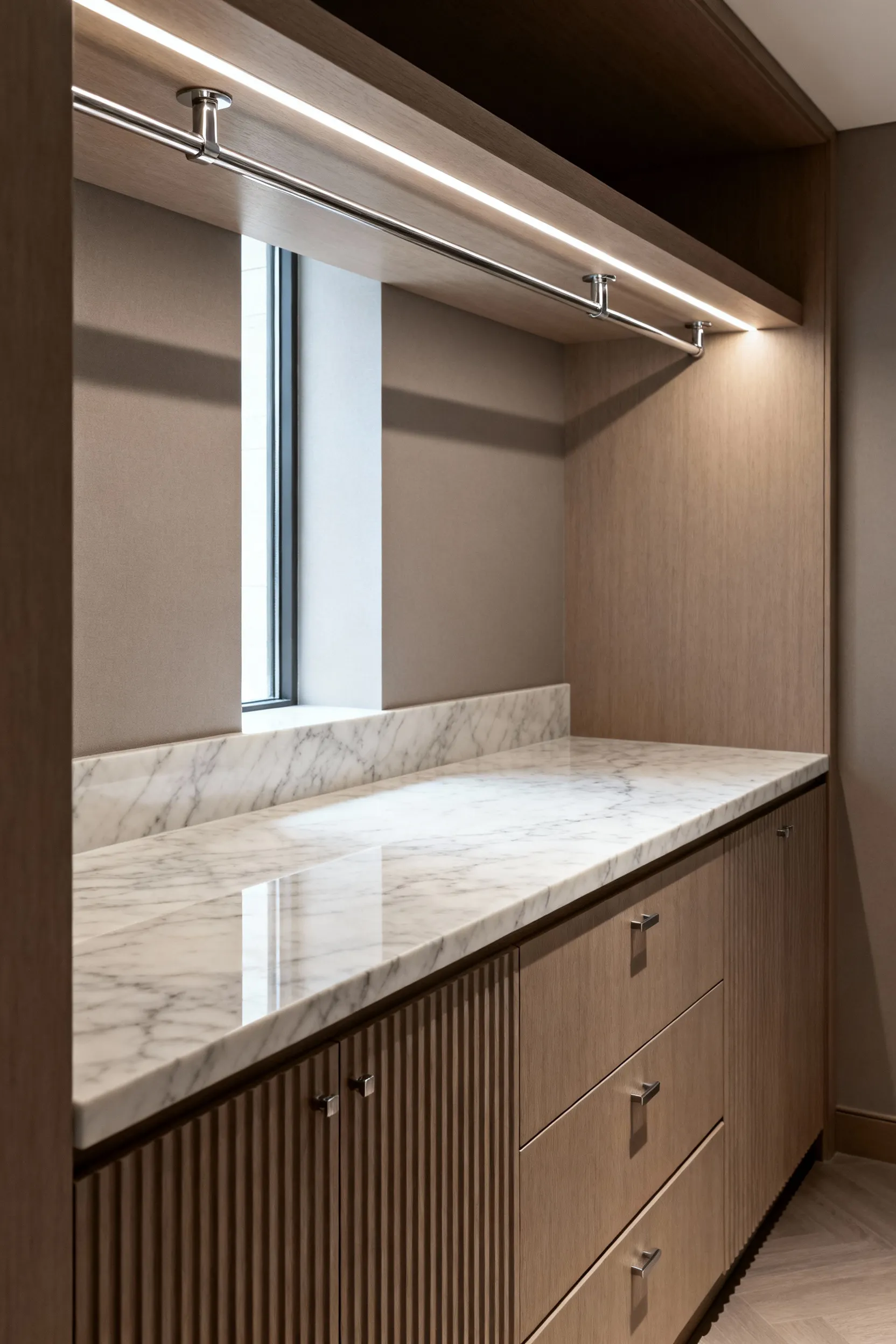 Luxurious bespoke folding station in a hotel-inspired laundry room, featuring a seamless Italian Carrara marble counter and fluted oak cabinetry with integrated lighting.