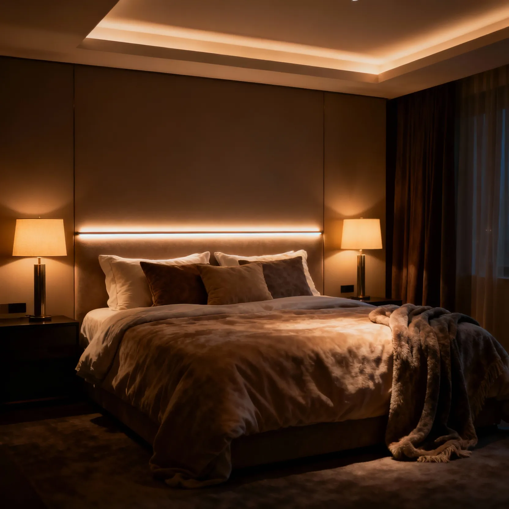 Interior shot of a serene cozy bedroom showcasing intentional lighting layers. Warm, dimmable LED strip lighting illuminates the headboard area, complemented by elegant bedside lamps and soft ambient ceiling lights, creating a restorative and luxurious atmosphere.