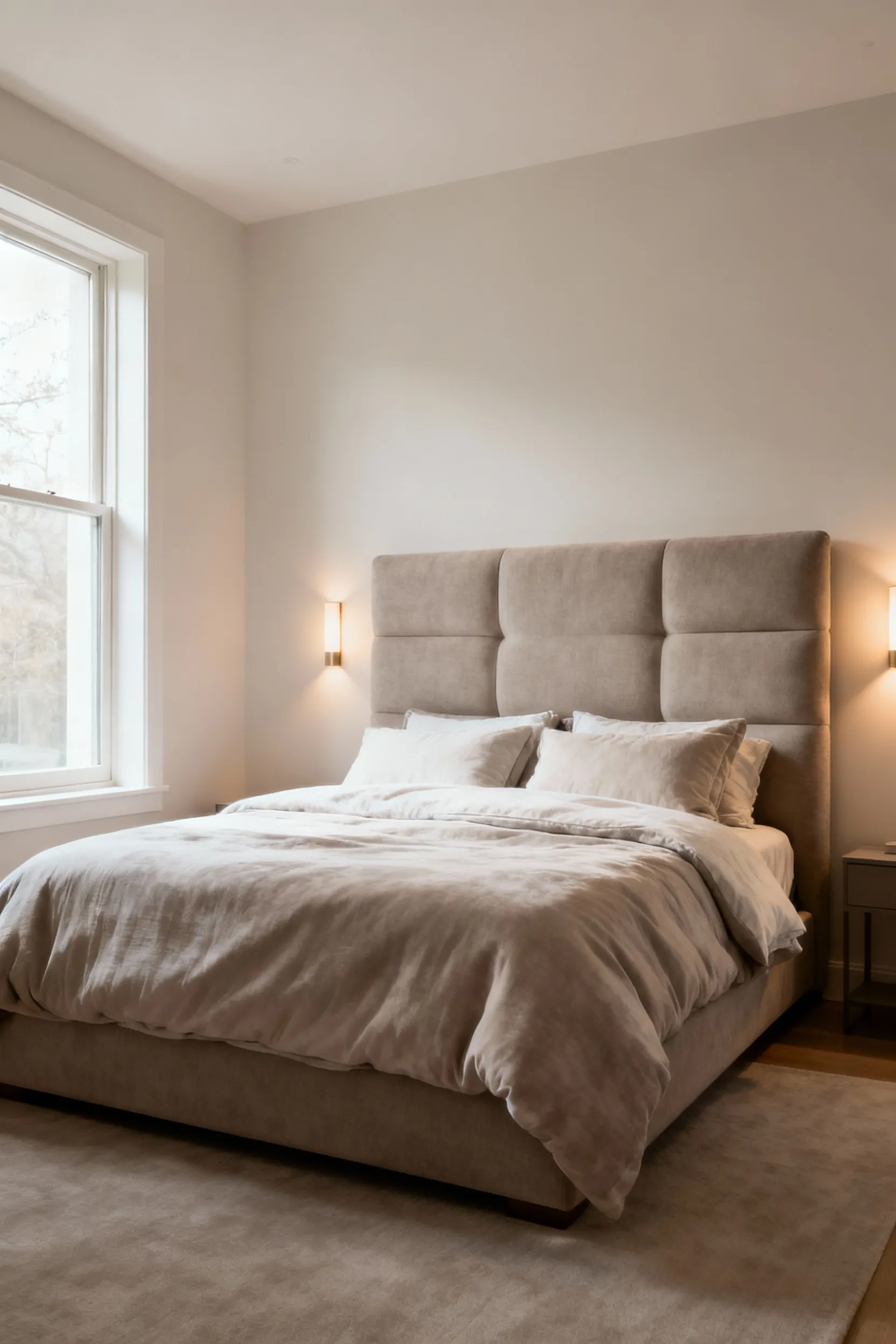 A portrait of a luxurious, serene bedroom with a meticulously designed harmonious layout, featuring a large, inviting bed with a padded headboard, soft lighting, and an uncluttered, tranquil atmosphere.