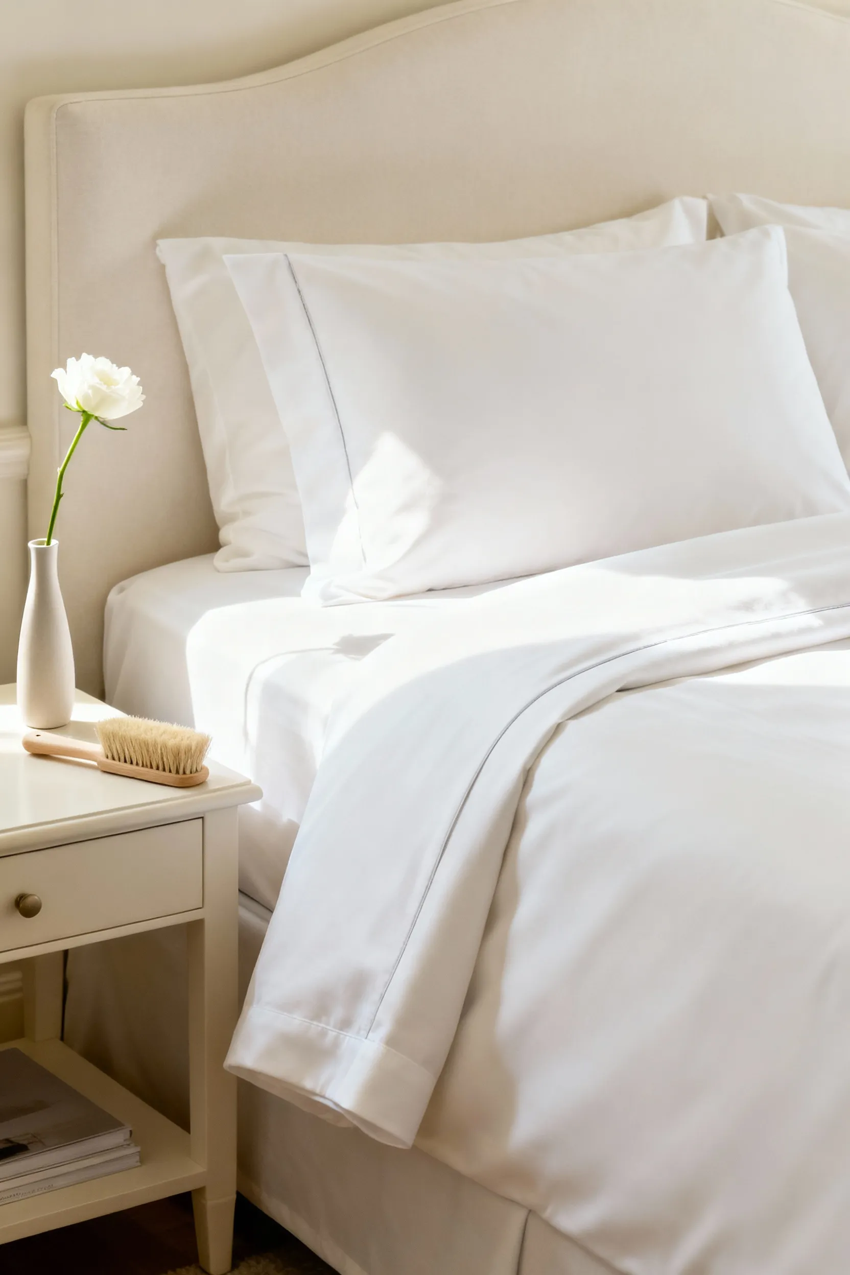 A perfectly made luxury bed with pristine white linens, a delicate lint brush, and a single white flower, showcasing meticulous upkeep in a serene bedroom.