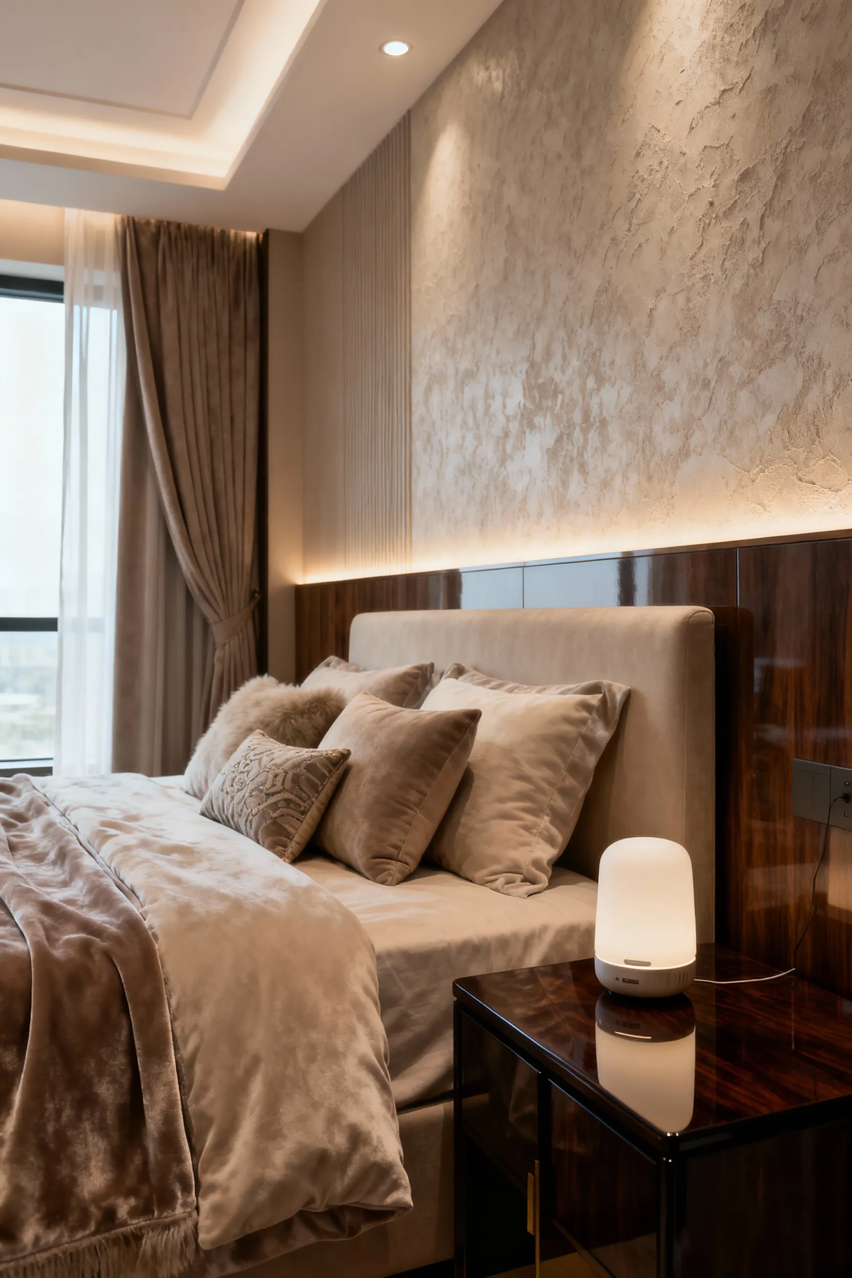 An inviting bedroom with plush, layered bedding, smart lighting creating a soft glow, and a sleek essential oil diffuser, showcasing an adaptable, cozy design. The room feels calm and supportive.