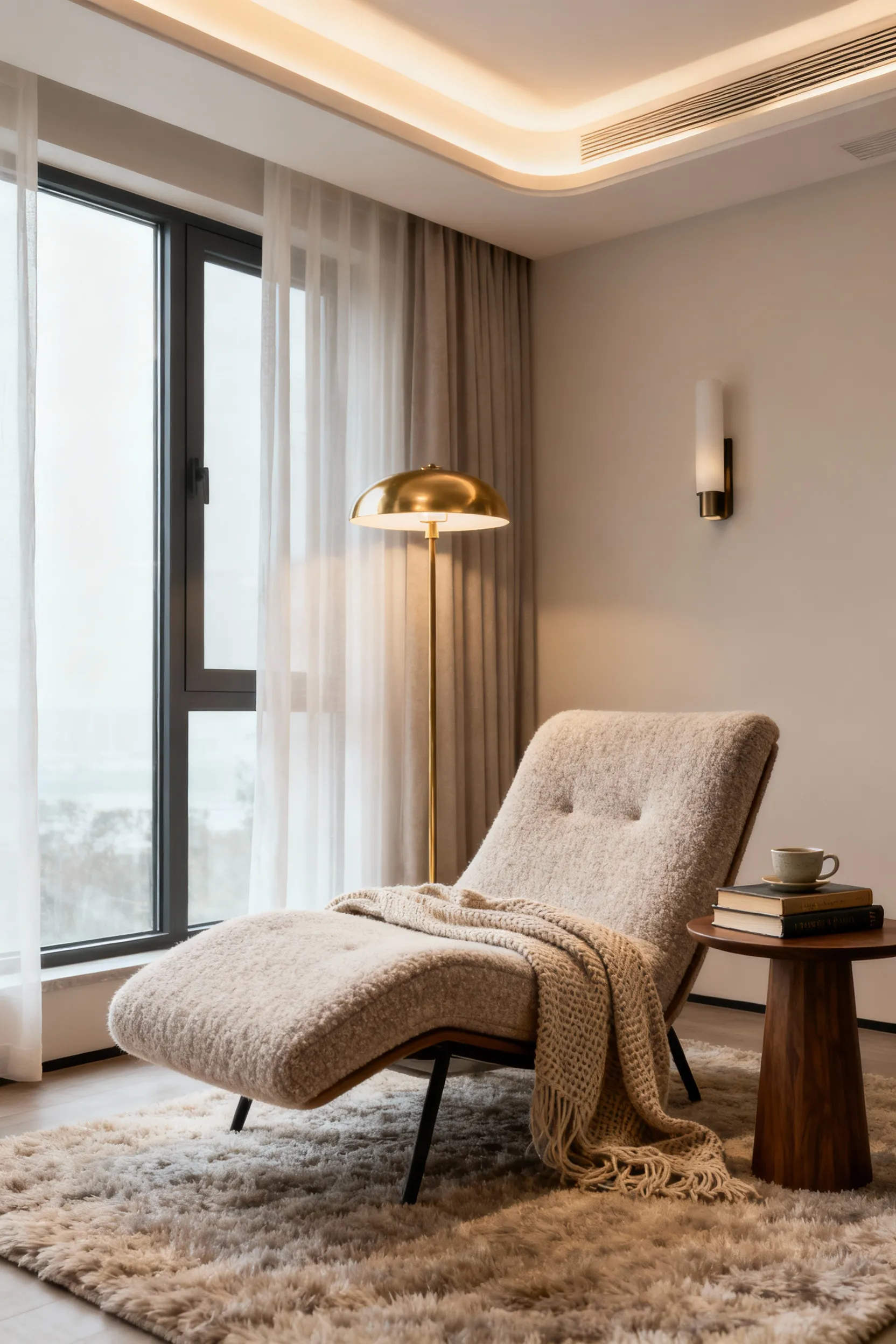 A serene reading nook with a cashmere chaise, layered lighting including a warm floor lamp, natural light from a window, and a stack of books on a side table. Cozy and inviting atmosphere.