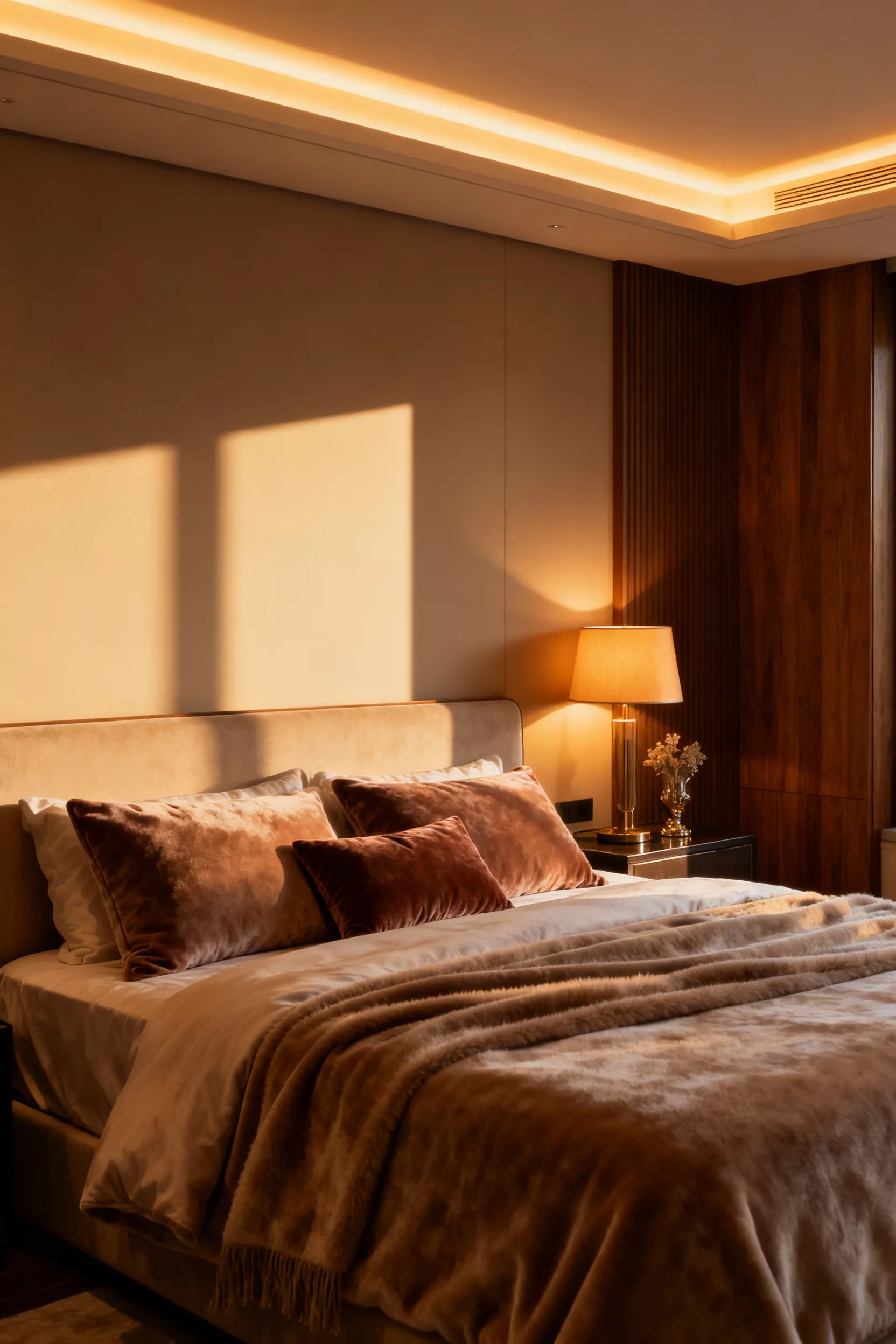 Luxurious bedroom interior with inviting warm ambient lighting, rich textiles, and soft shadows, demonstrating the cozy effect of optimal color temperatures.