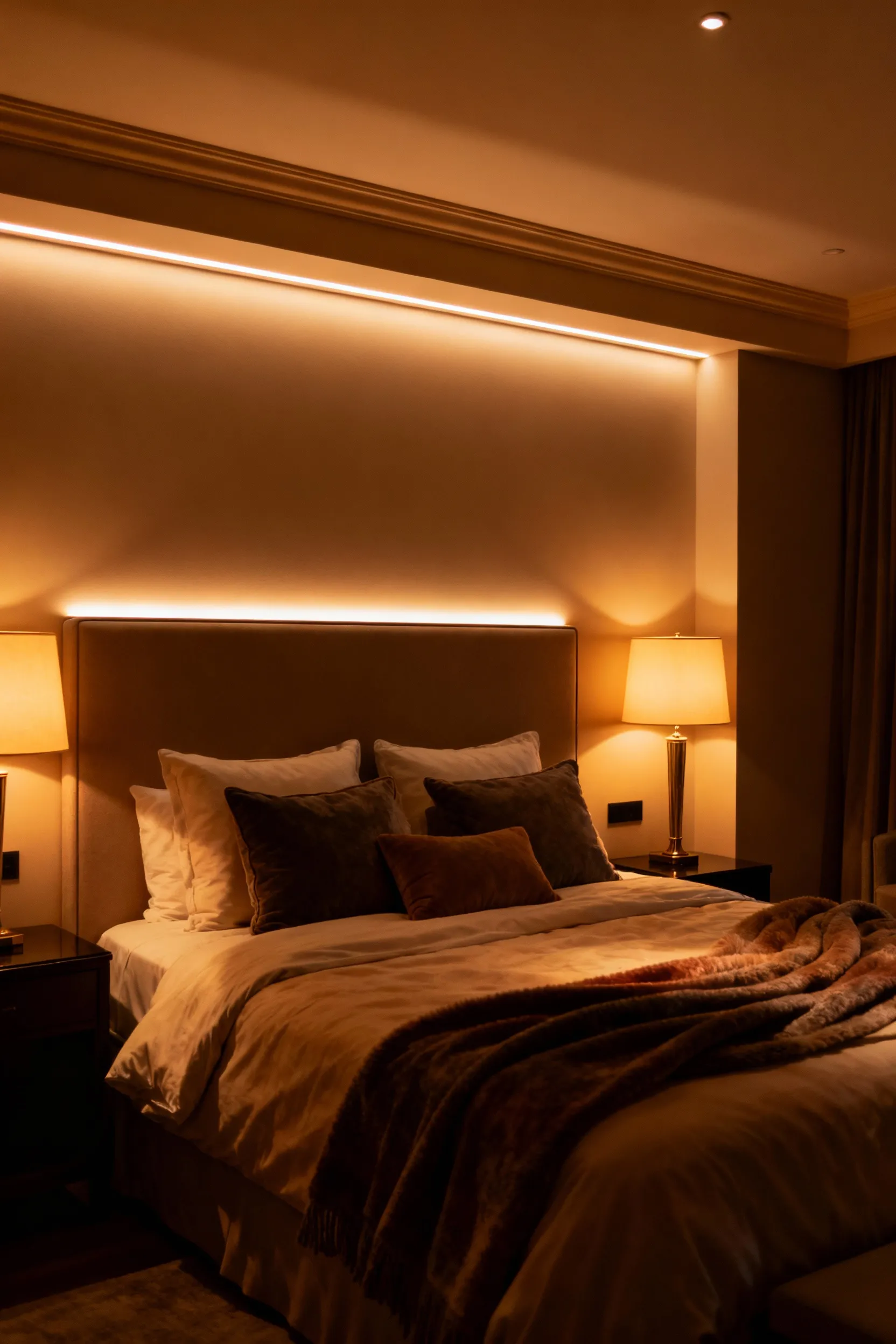 Interior shot of a serene cozy bedroom showcasing intentional lighting layers. Warm, dimmable LED strip lighting illuminates the headboard area, complemented by elegant bedside lamps and soft ambient ceiling lights, creating a restorative and luxurious atmosphere.