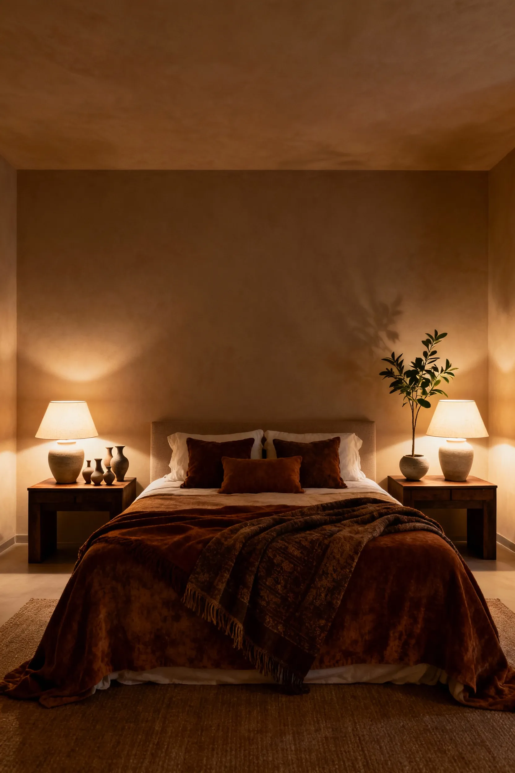 Cozy bedroom with a grand bed, matching nightstands, one with a subtle asymmetrical vase collection, the other with a single plant, showcasing dynamic balance with warm ambient lighting.
