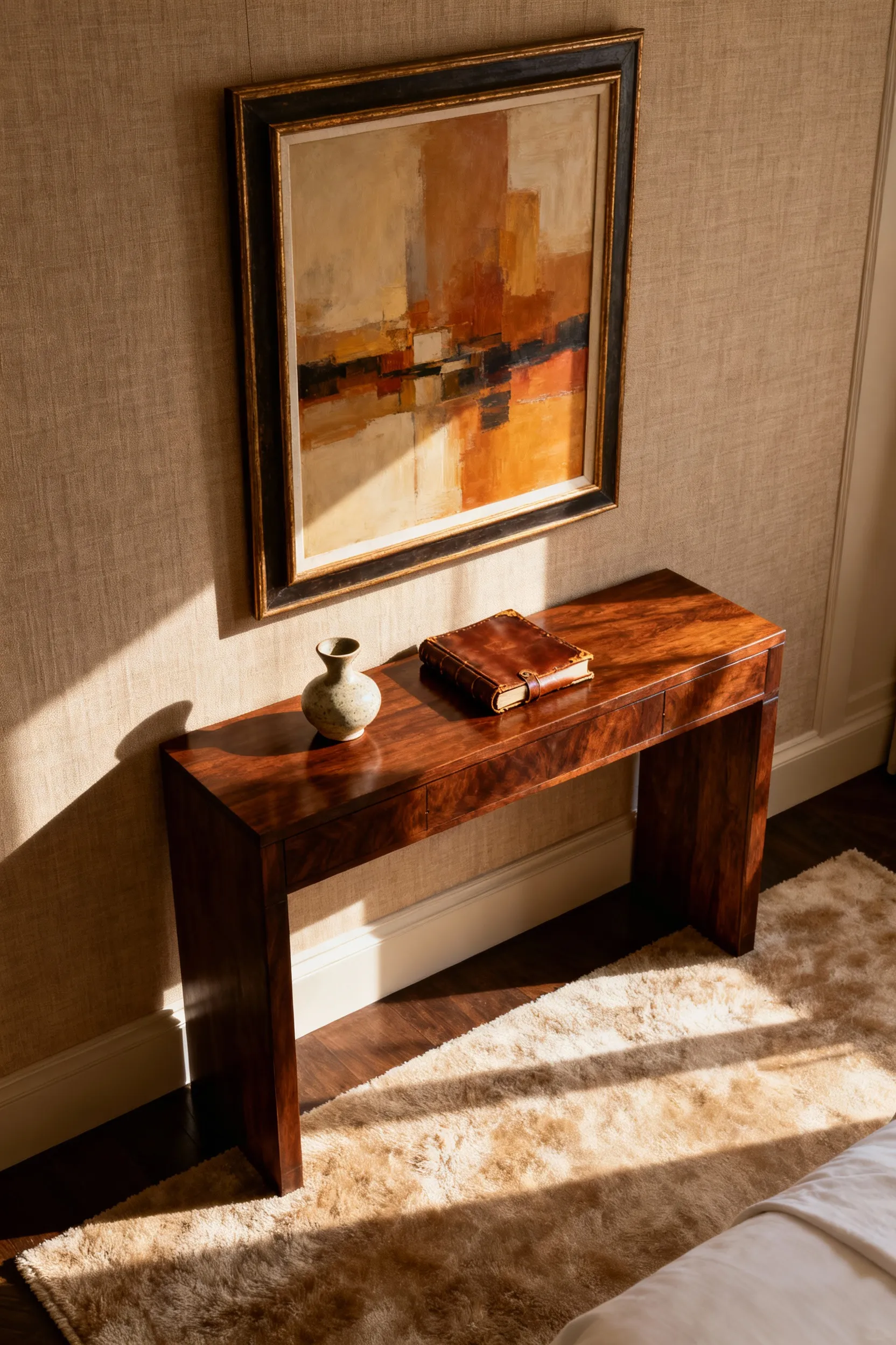 A cozy bedroom corner featuring bespoke abstract art and carefully chosen personal artifacts, evoking emotional resonance and a luxurious, personalized sanctuary feel.