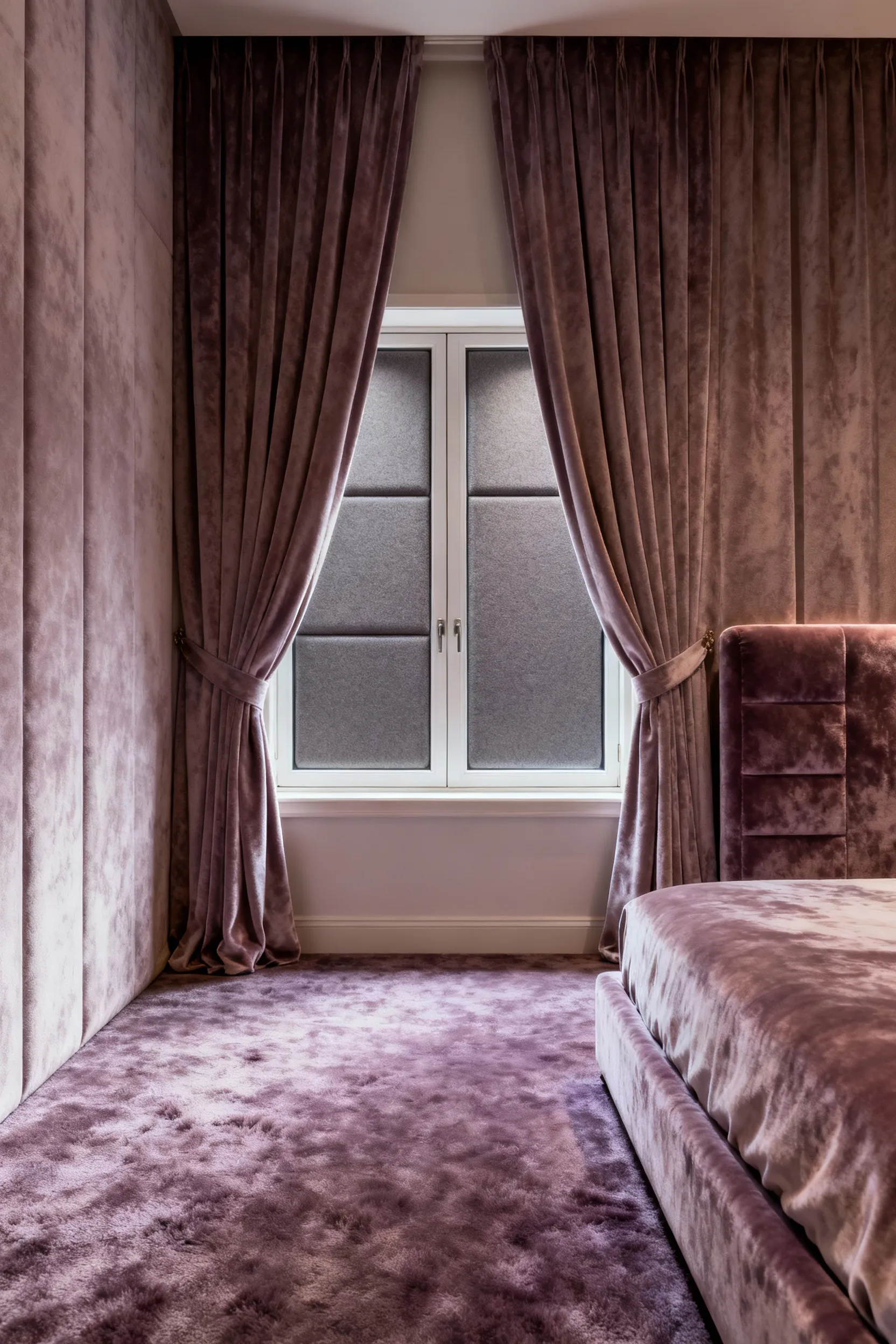Luxurious bedroom interior with heavy velvet drapes and deep-pile carpet, illustrating effective sound dampening for a quiet sanctuary.