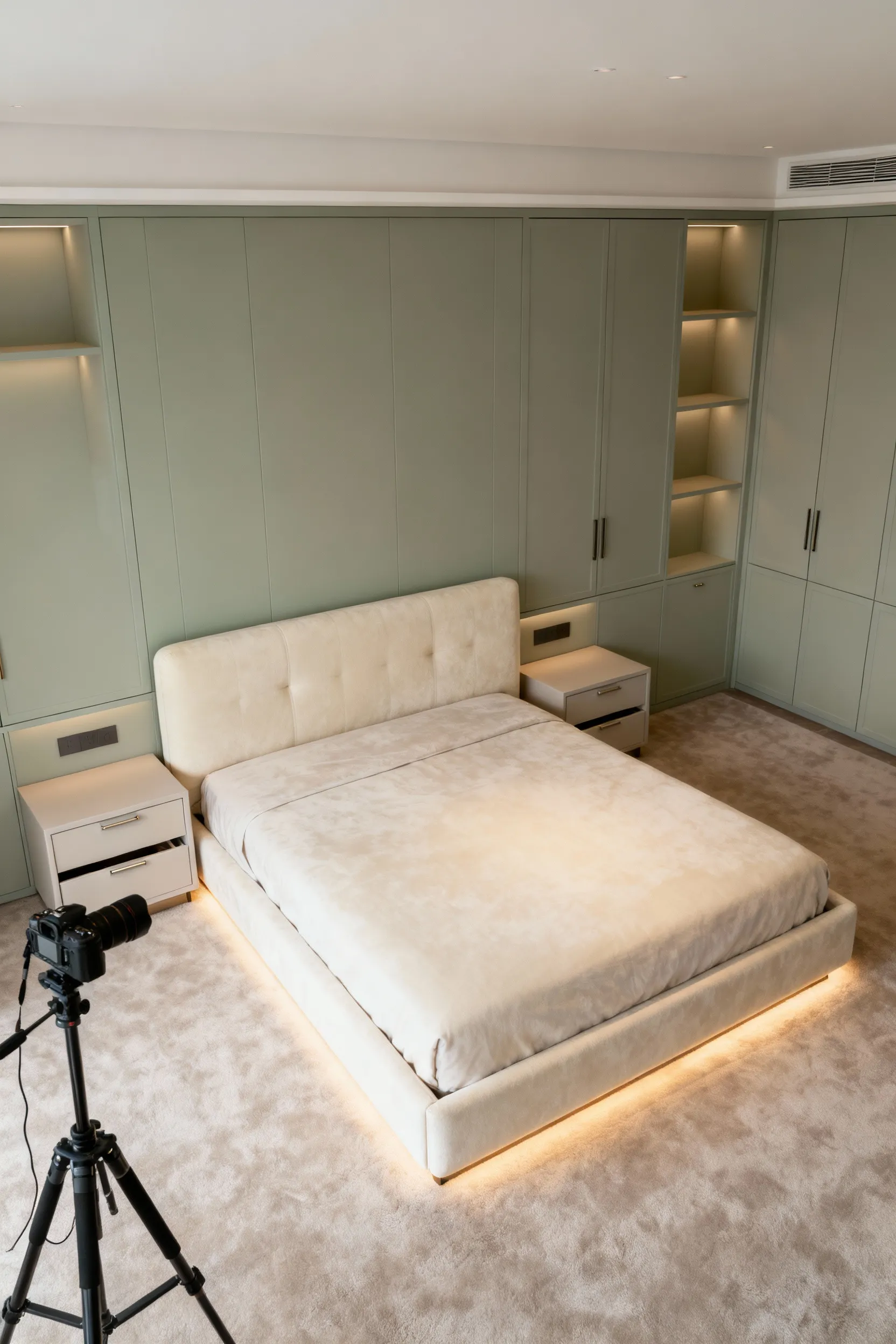 Luxury bedroom featuring bespoke built-in storage, integrated wardrobe, and discreet bed drawers, maintaining an uncluttered and serene environment for lasting order.