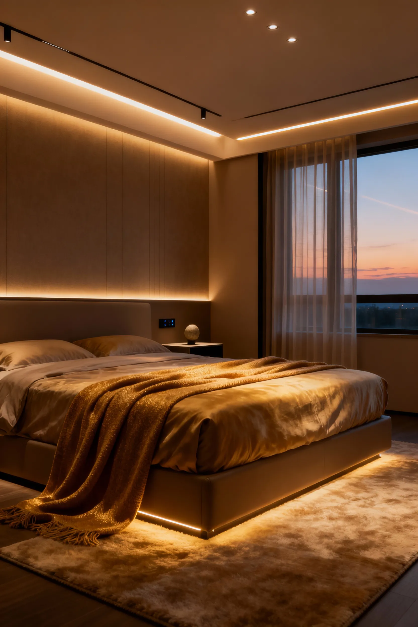 Luxurious cozy bedroom with integrated smart home ambiance control, soft lighting, plush bedding, and automated window treatments for ultimate relaxation.