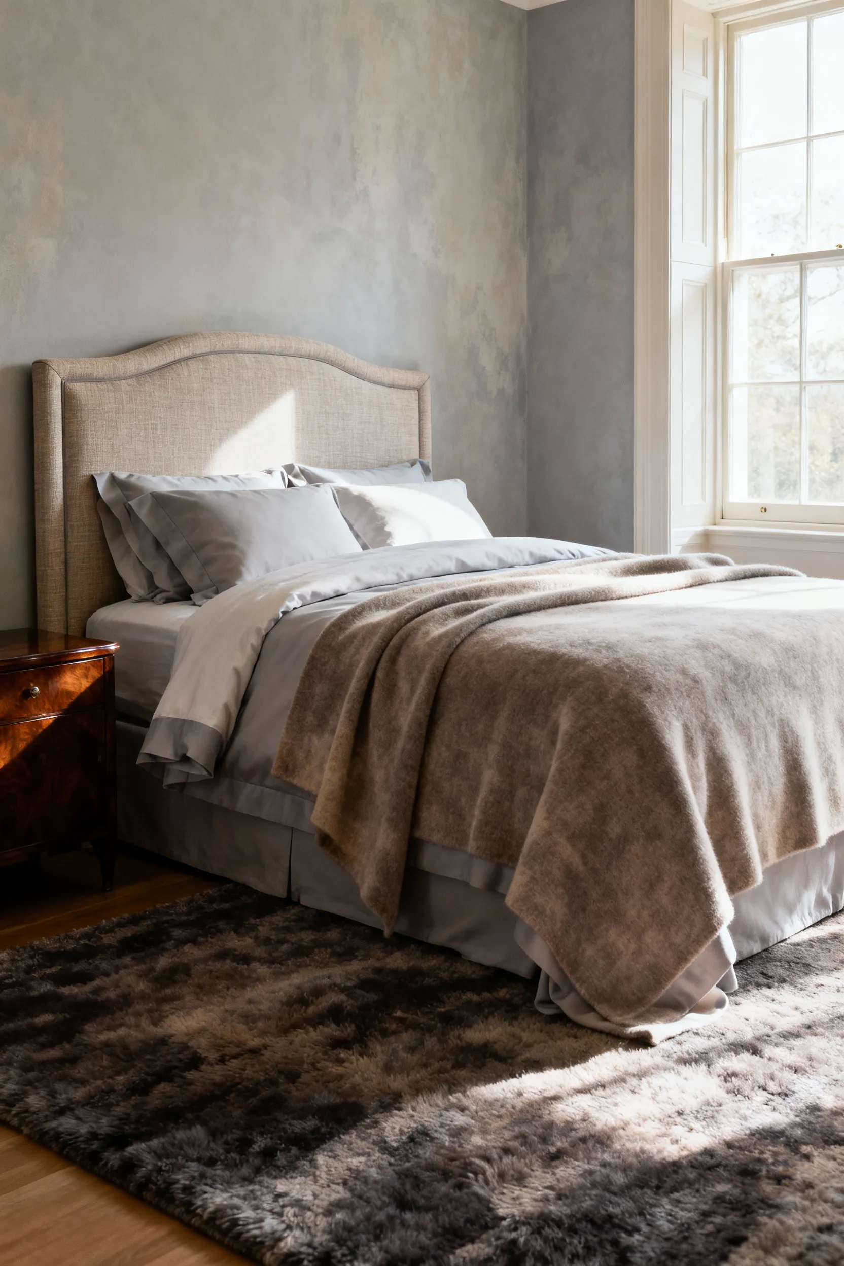 A serene bedroom featuring a soft grey and warm taupe color palette, luxurious linen bedding, textured limewash walls, and natural wooden furniture, designed for ultimate calmness.
