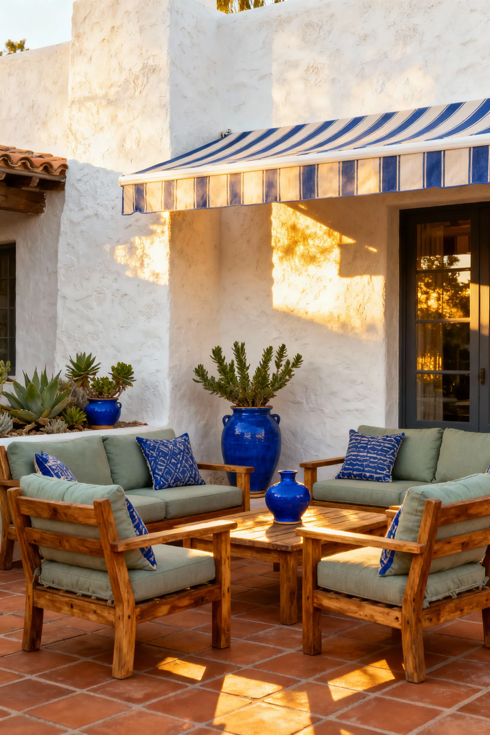 Sun-drenched Mediterranean deck featuring earthen tones like terracotta and sandstone, accented with vibrant cobalt blue cushions and pottery, demonstrating effective color theory implementation.