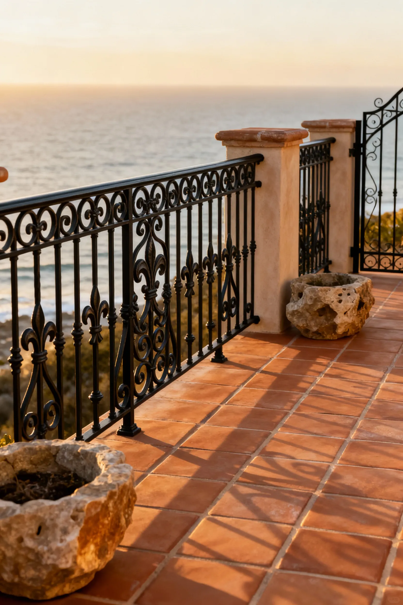 Intricate matte black wrought iron railings with scrollwork on a terracotta-tiled Mediterranean deck, showcasing authentic architectural grandeur in golden hour sunlight.