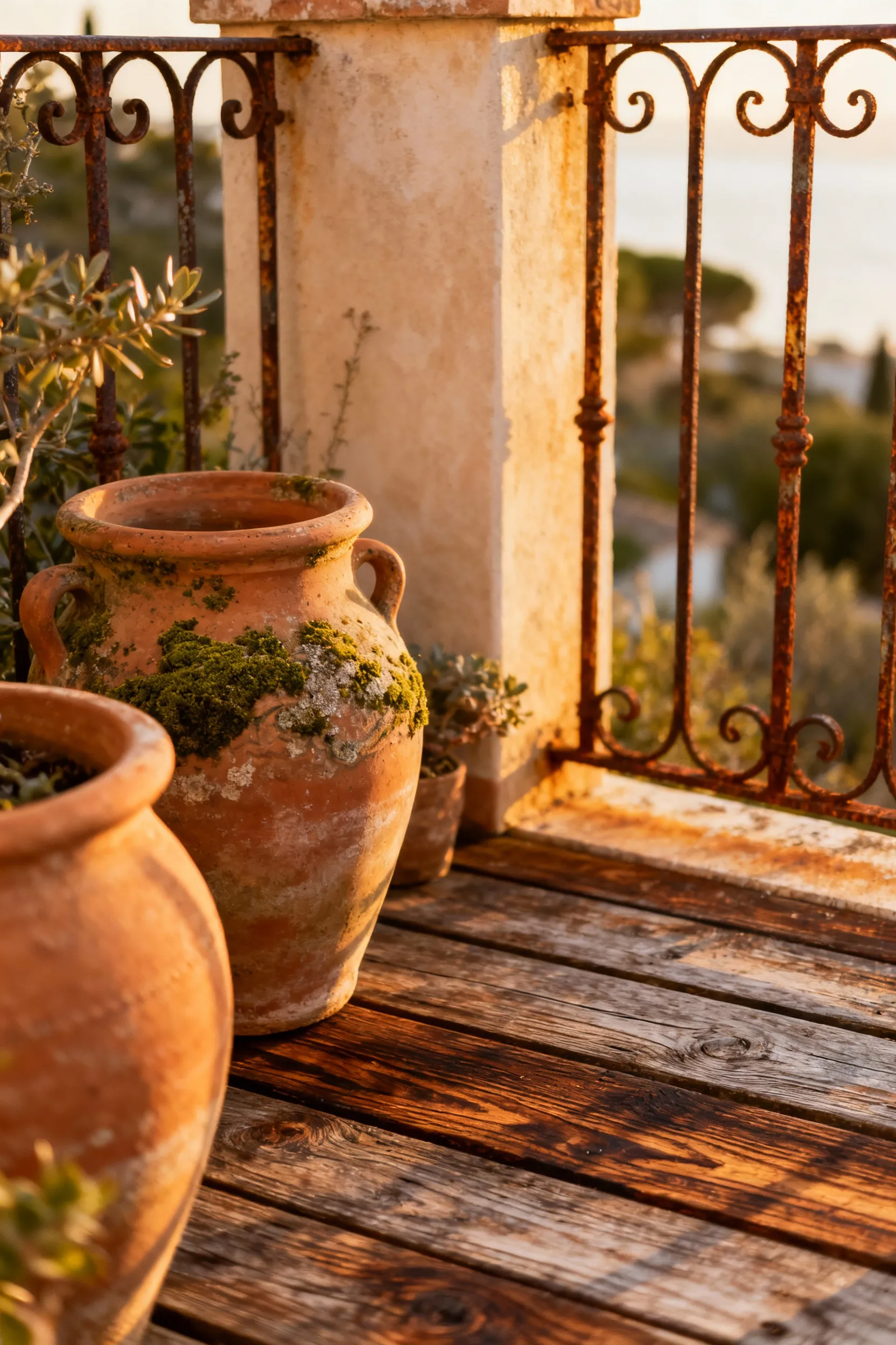 Detailed view of aged Mediterranean deck elements like terracotta pots with moss and a wooden plank with rich patina, showcasing authenticity through careful maintenance.
