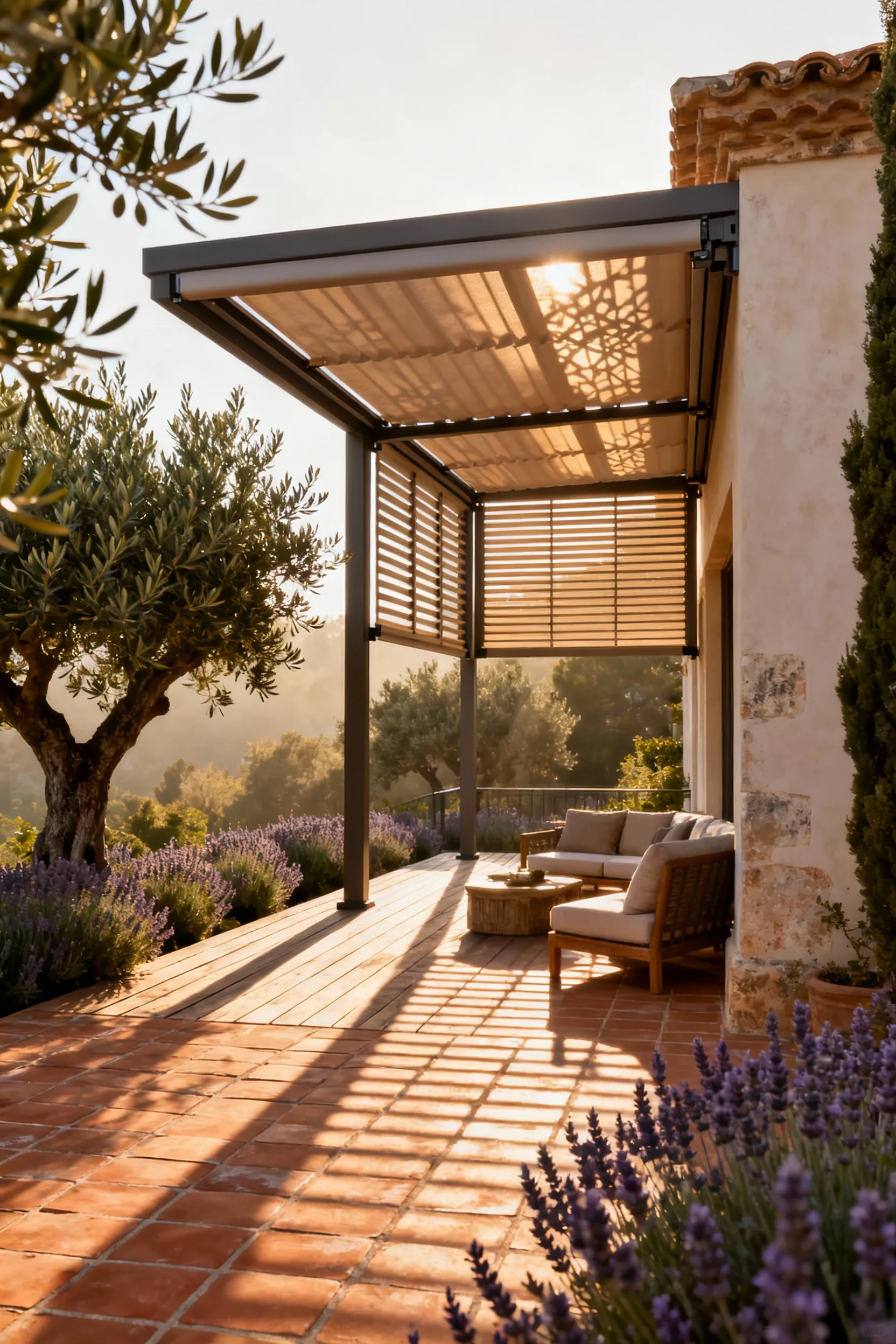 Mediterranean deck with custom operable louvered pergola providing adaptive sun control and elegant shade, integrating seamlessly with villa architecture.