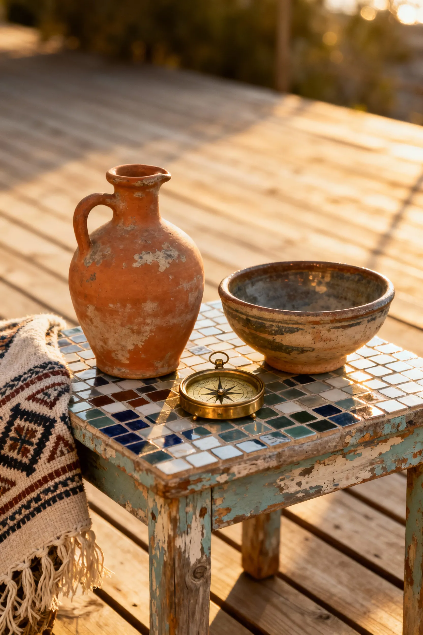 Mediterranean deck vignette with distressed terracotta jar, antique brass compass, artisan pottery bowl, and draped ethnographic textile on a mosaic table, bathed in golden hour light.