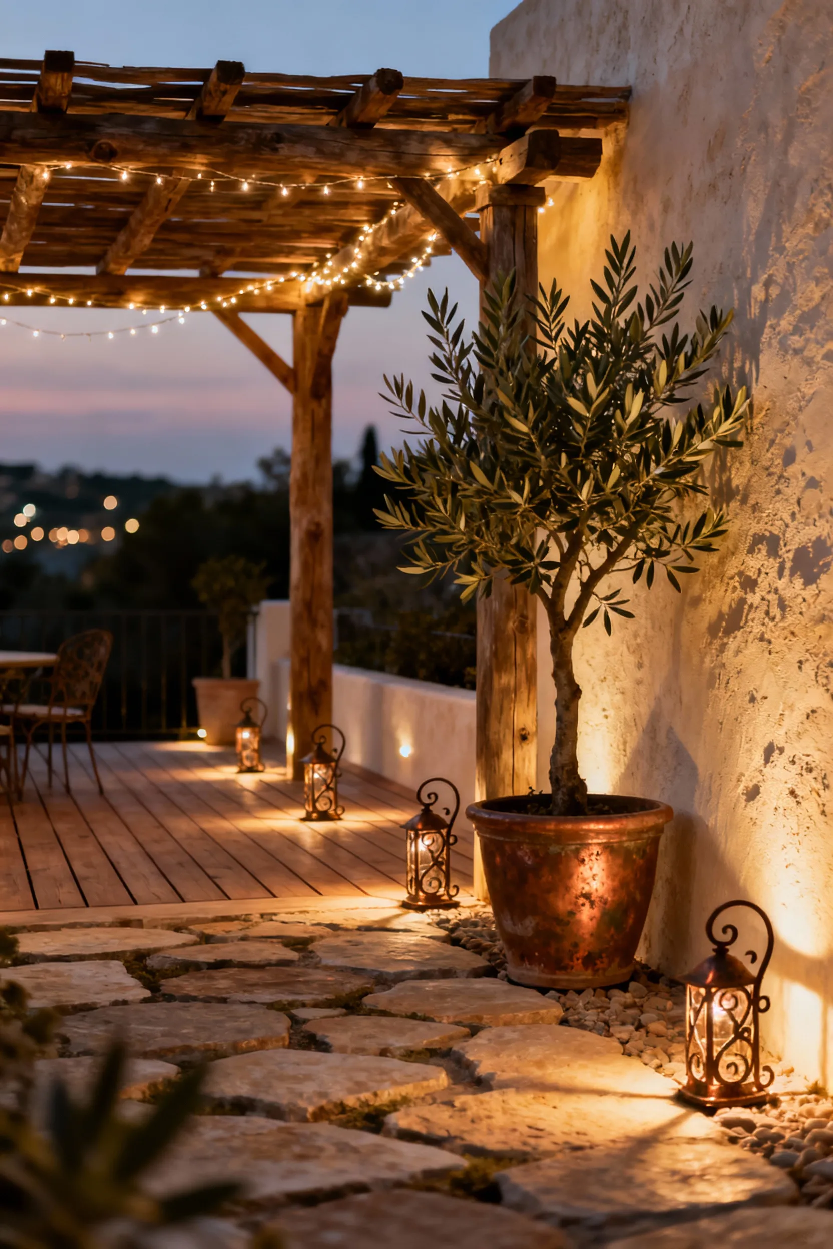 A luxurious Mediterranean deck at night, bathed in warm, layered lighting. Wrought iron lanterns cast intricate shadows, string lights glow softly overhead, and uplights highlight architectural details and olive trees, creating a serene and intimate outdoor ambiance.