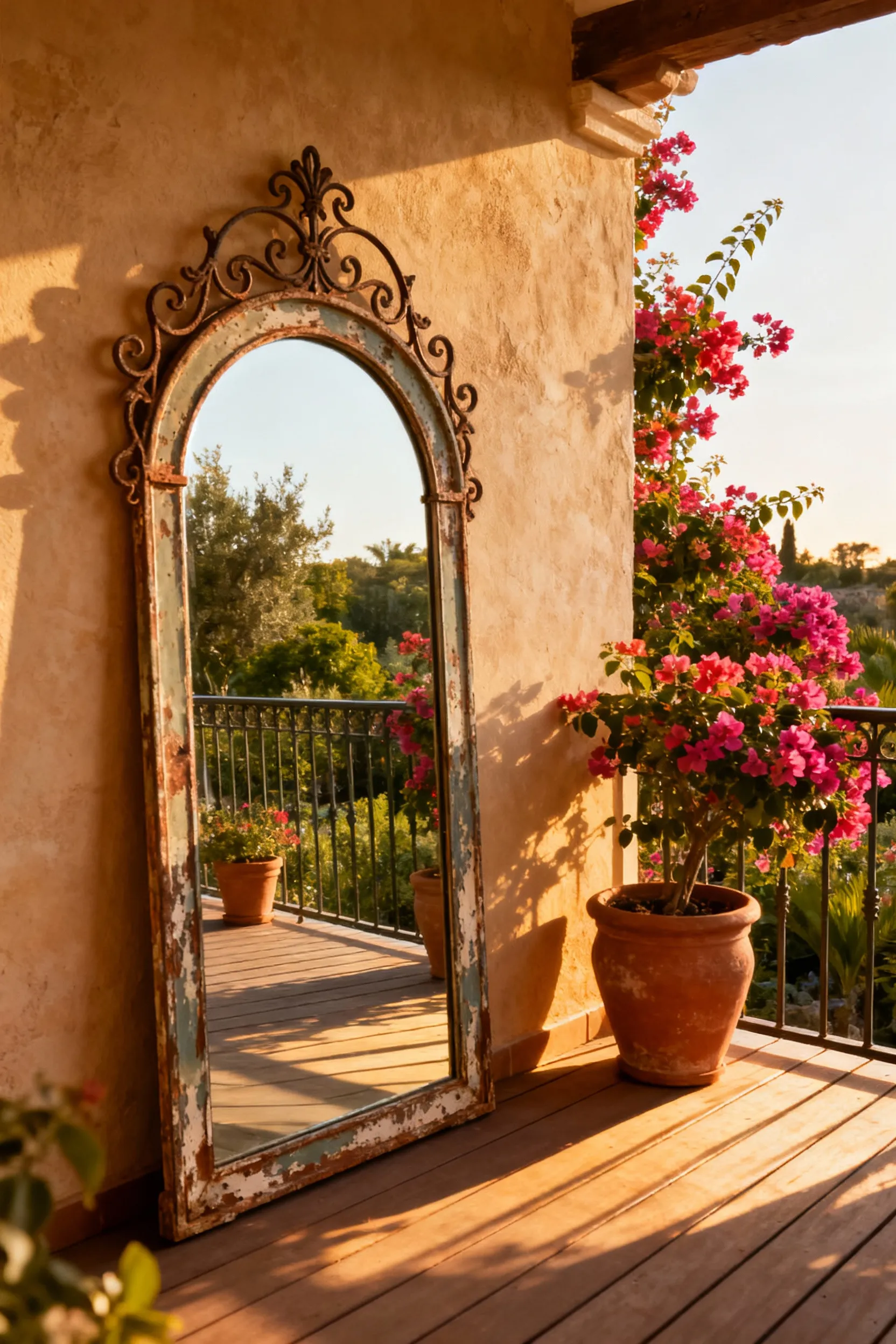 A beautiful Mediterranean deck with an ornate wrought-iron framed mirror reflecting a lush garden, creating an illusion of expanded space and depth.