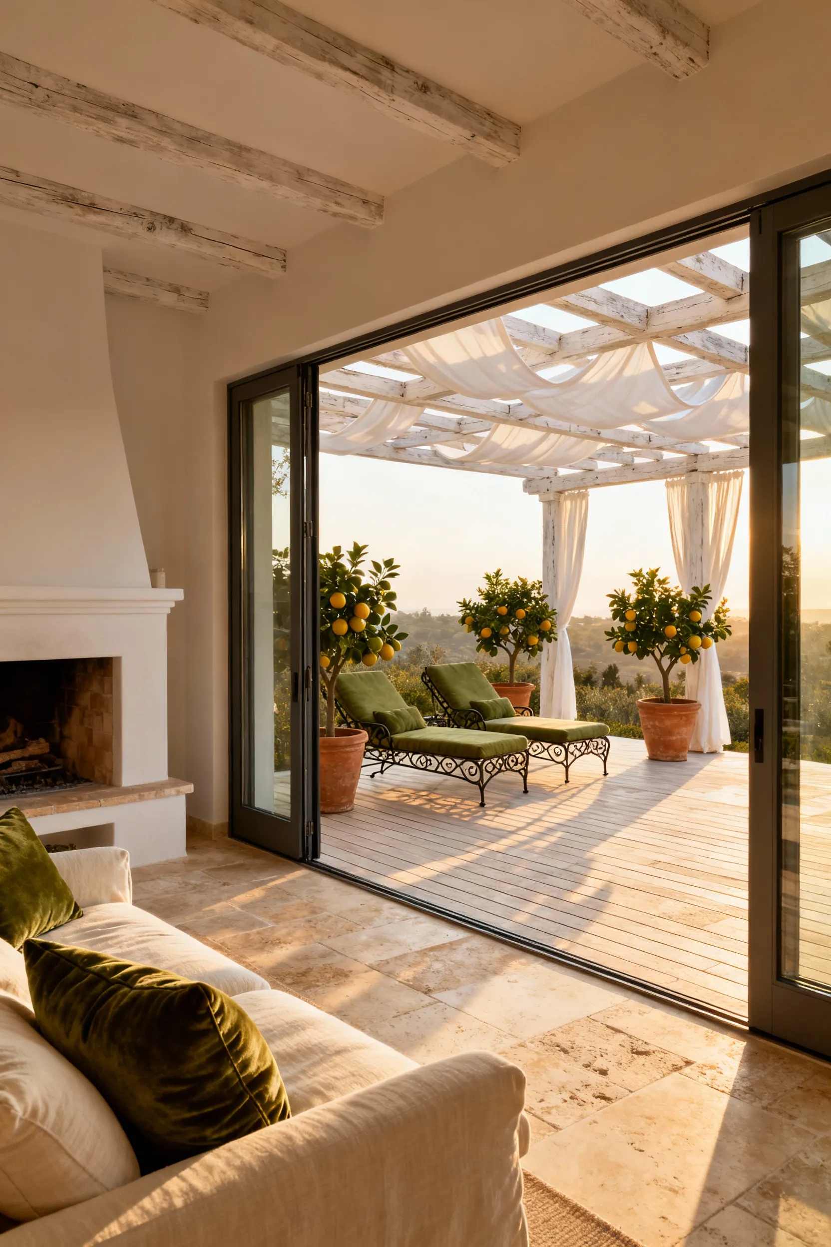 Luxurious Mediterranean home interior transitioning seamlessly to an outdoor deck, featuring matching limestone flooring, olive green cushions, and a white pergola, illustrating perfect indoor-outdoor flow.