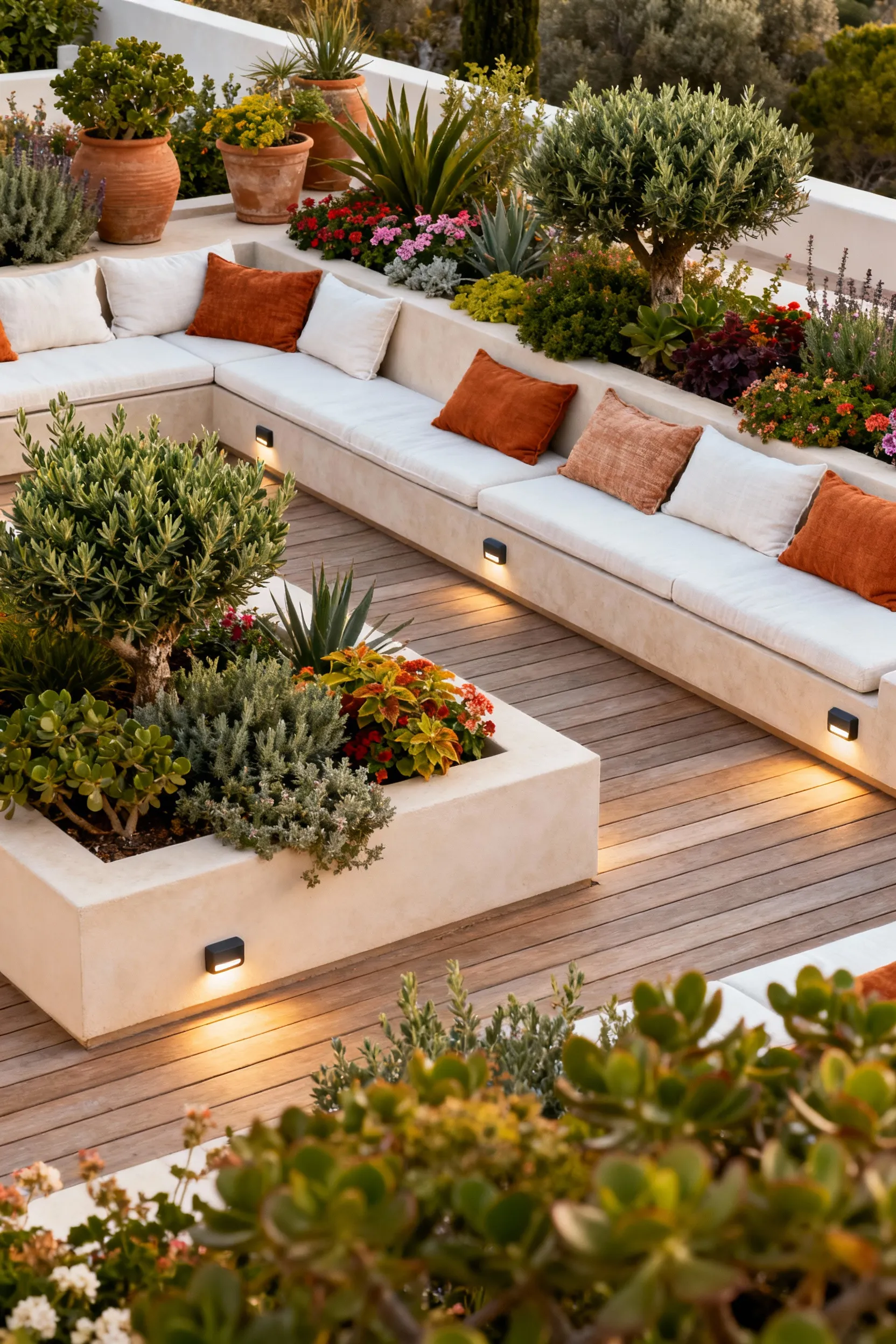 Elegant Mediterranean deck featuring adaptable modular furniture, interchangeable potted plants with seasonal flowers and evergreens, and diverse performance textiles on cushions, demonstrating a seasonal adaptation strategy for continuous vibrancy across different climates.