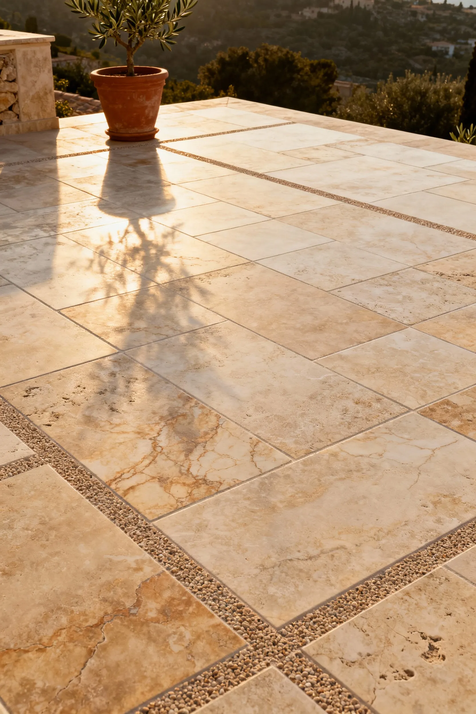 Close-up of a Mediterranean-style deck surface made of large format porcelain pavers resembling aged limestone, featuring subtle tonal variations and fine-grained grout.