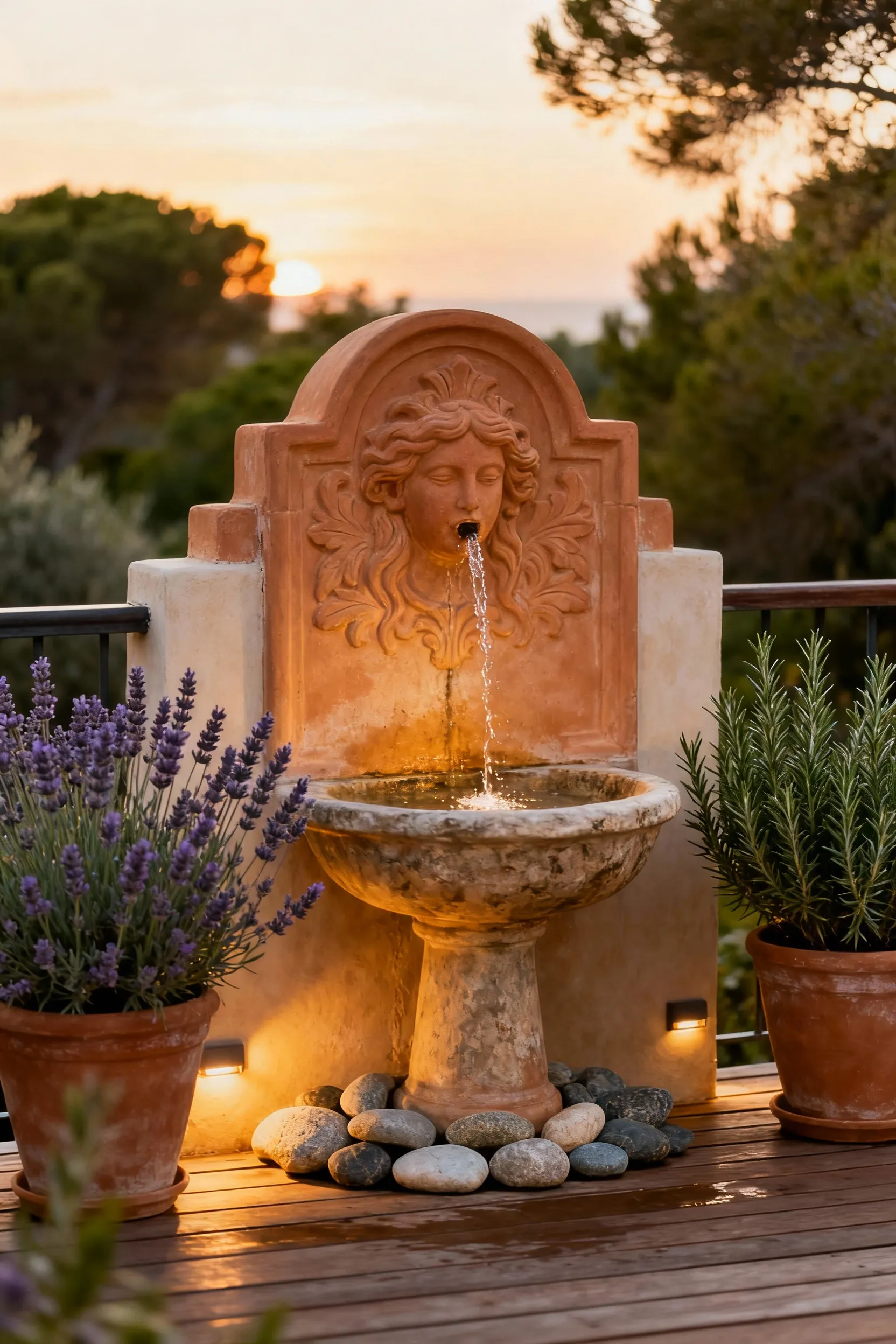 Terracotta wall fountain on a Mediterranean deck with lavender and rosemary, gentle water flow, stone basin, soft lighting