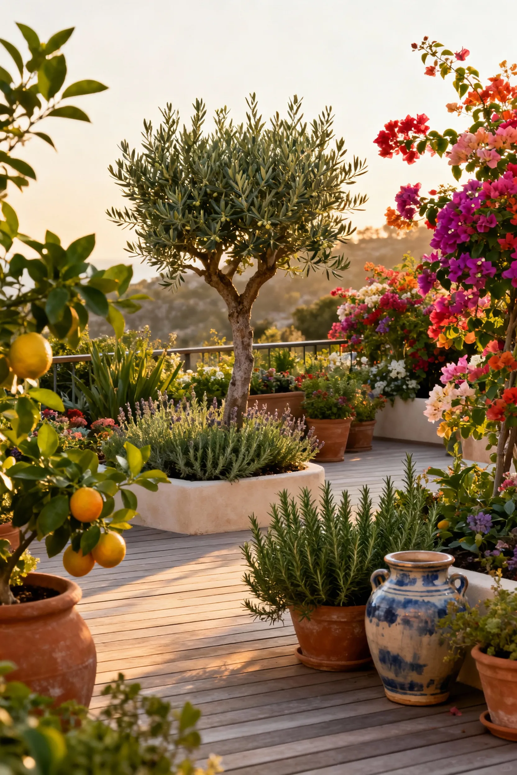 Mediterranean deck with diverse microclimatic plantings in terracotta pots, showcasing year-round botanical beauty.
