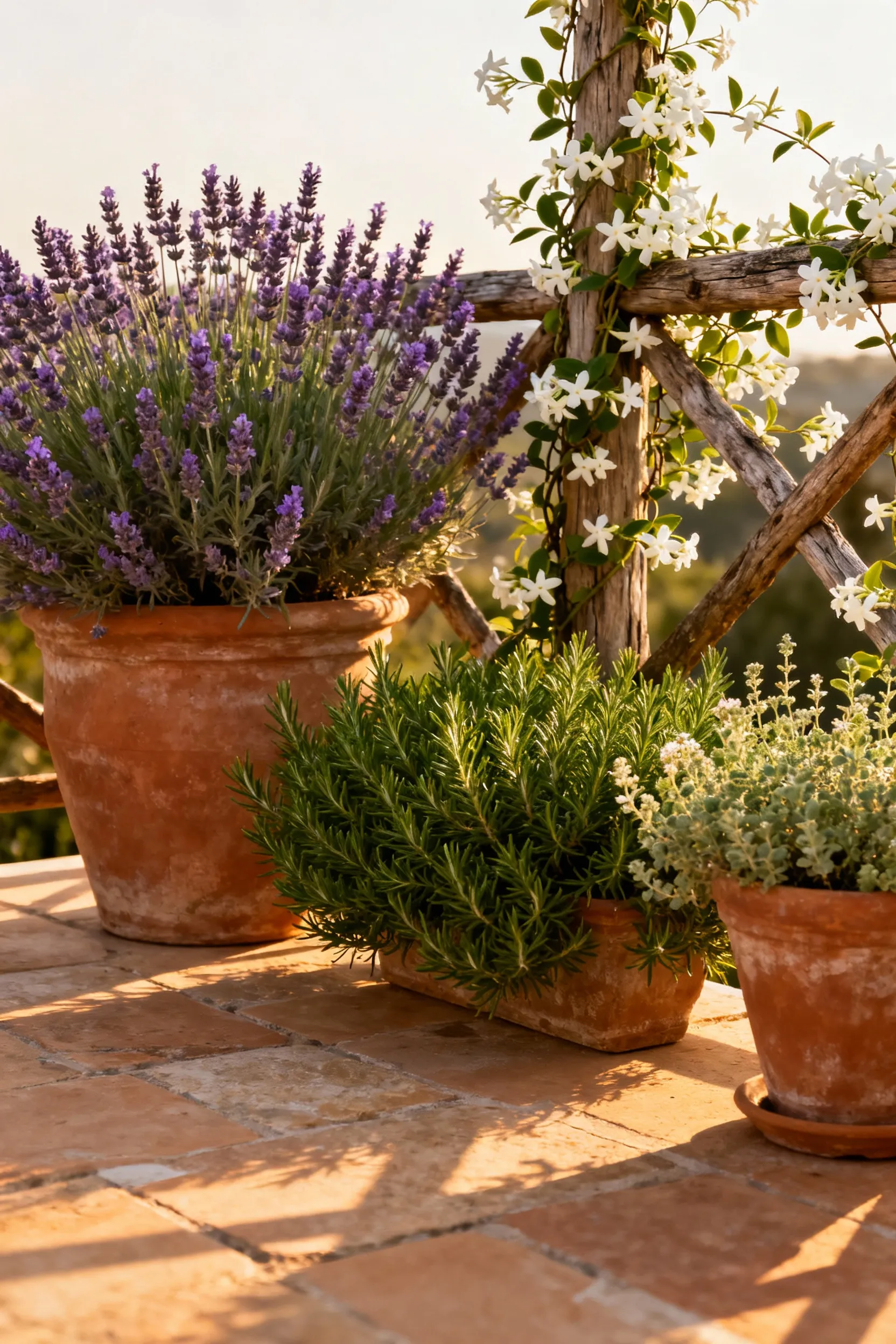 A close-up view of fragrant lavender and rosemary herbs in terracotta pots on a Mediterranean-style deck, with jasmine vines climbing in the background. The scene is bathed in warm sunlight, evoking a peaceful, aromatic outdoor space.