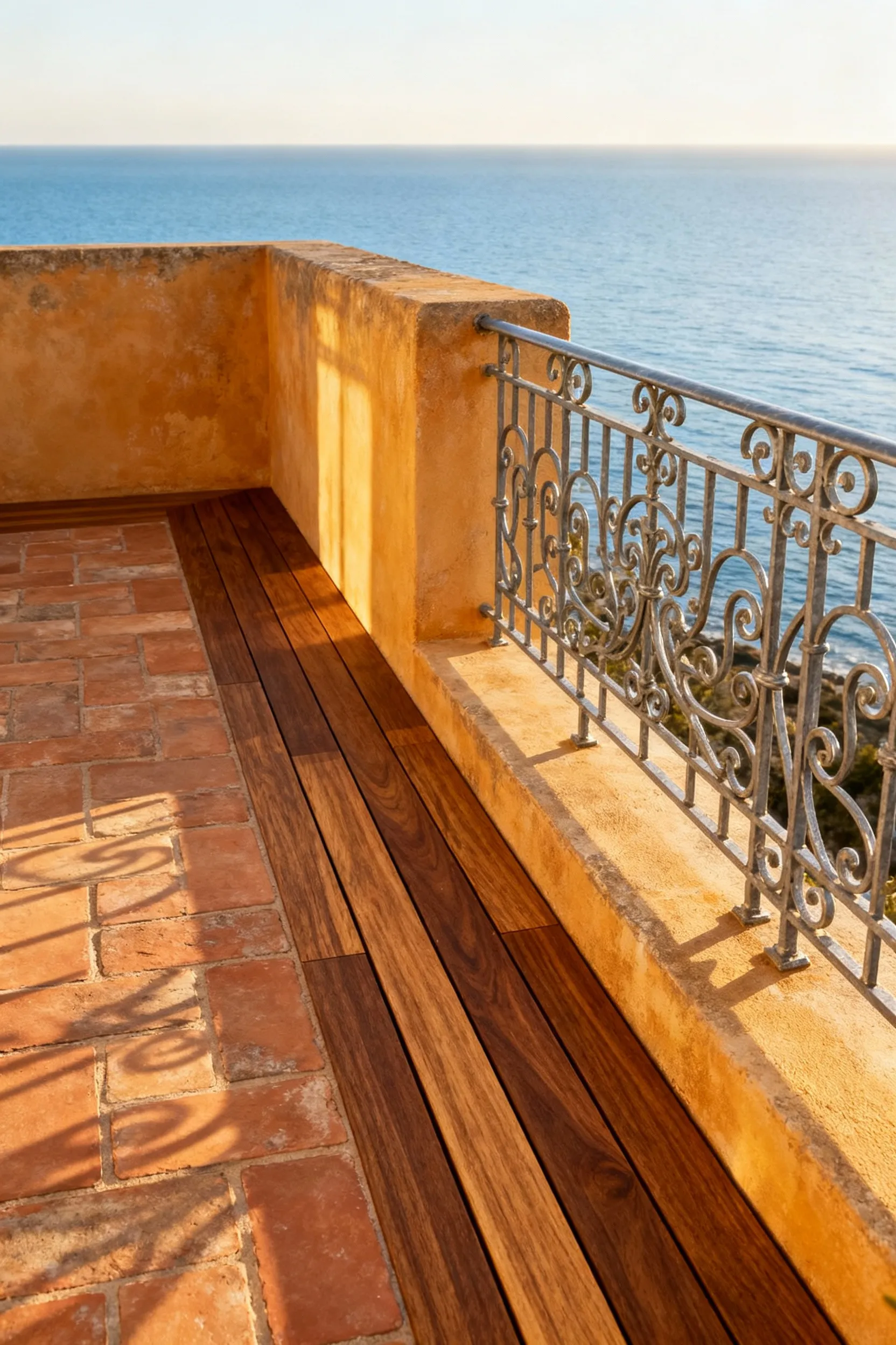 Mediterranean deck featuring terracotta pavers, ipe hardwood decking, and wrought iron railings under golden hour, emphasizing weather-resistant, high-quality materials and design for longevity.