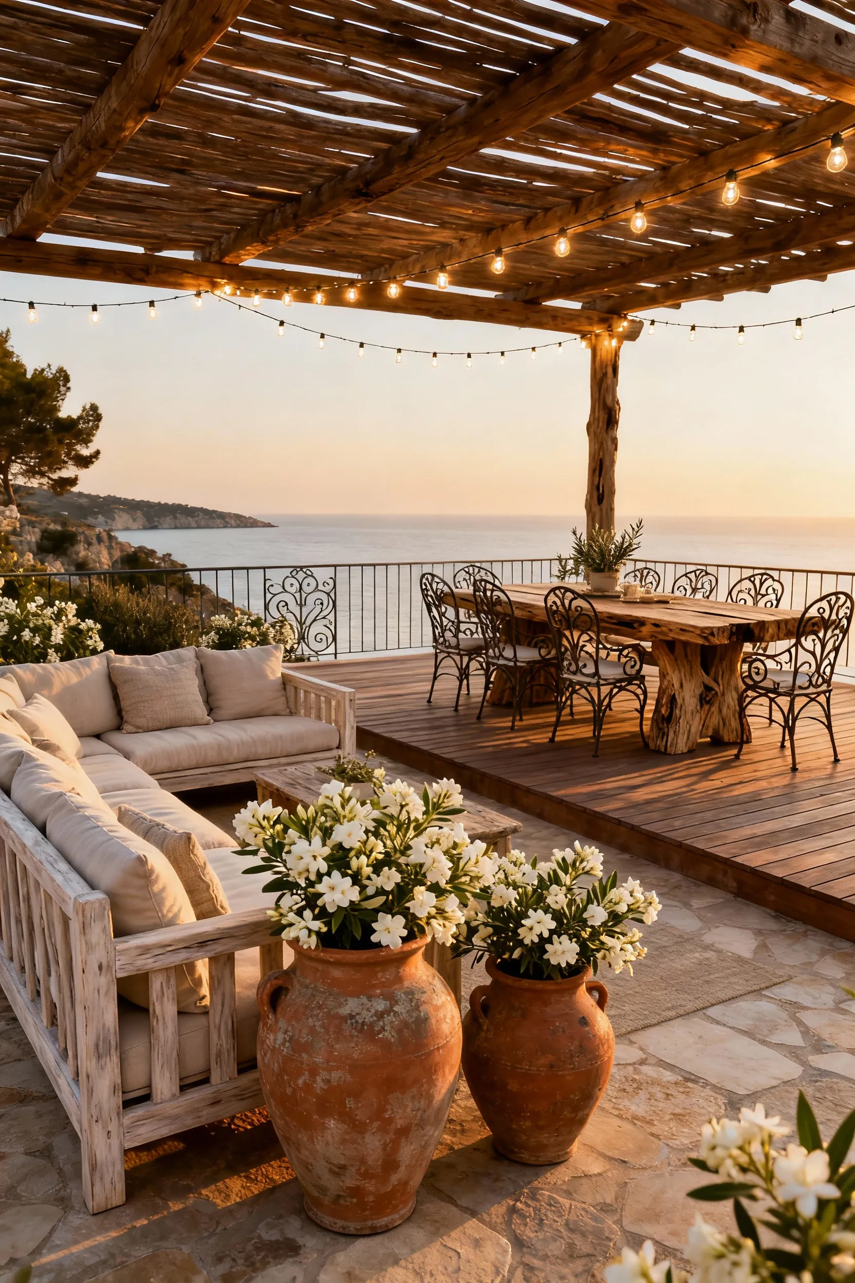 A Mediterranean deck with distinct lounging and dining zones defined by a bleached wood sofa, terracotta urns with jasmine, an olivewood dining table, and wrought-iron chairs under a pergola, showcasing spatial arrangement.