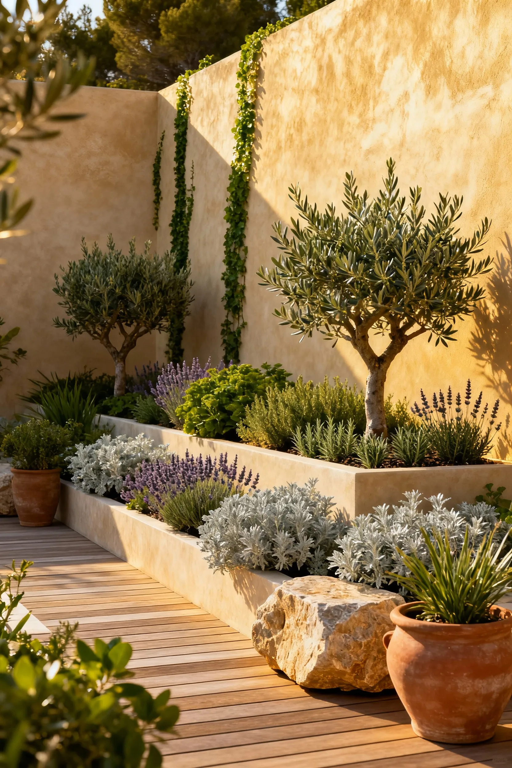 Mediterranean deck with biophilic design, featuring native drought-tolerant plants in terracotta planters, layered greenery, and natural stone details under sunlight.
