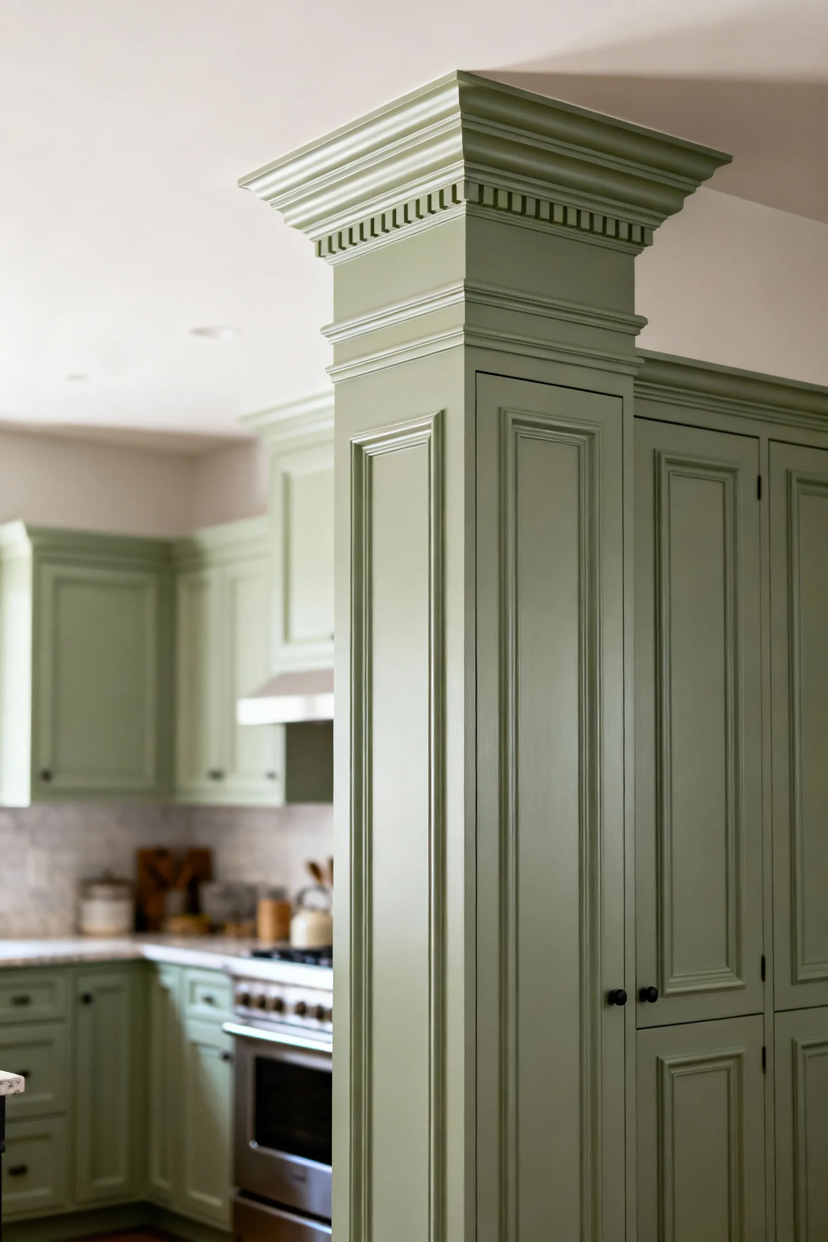 Kitchen cabinets with newly installed decorative trim and molding, painted a muted sage green, showing a custom, high-end finish.