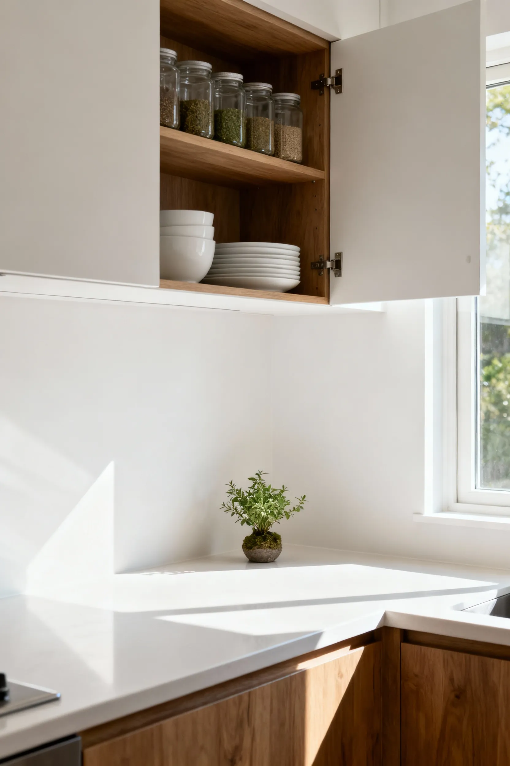 Clean, decluttered kitchen countertop with organized spice jars and white dishware in an open cabinet, creating a calm and efficient space.
