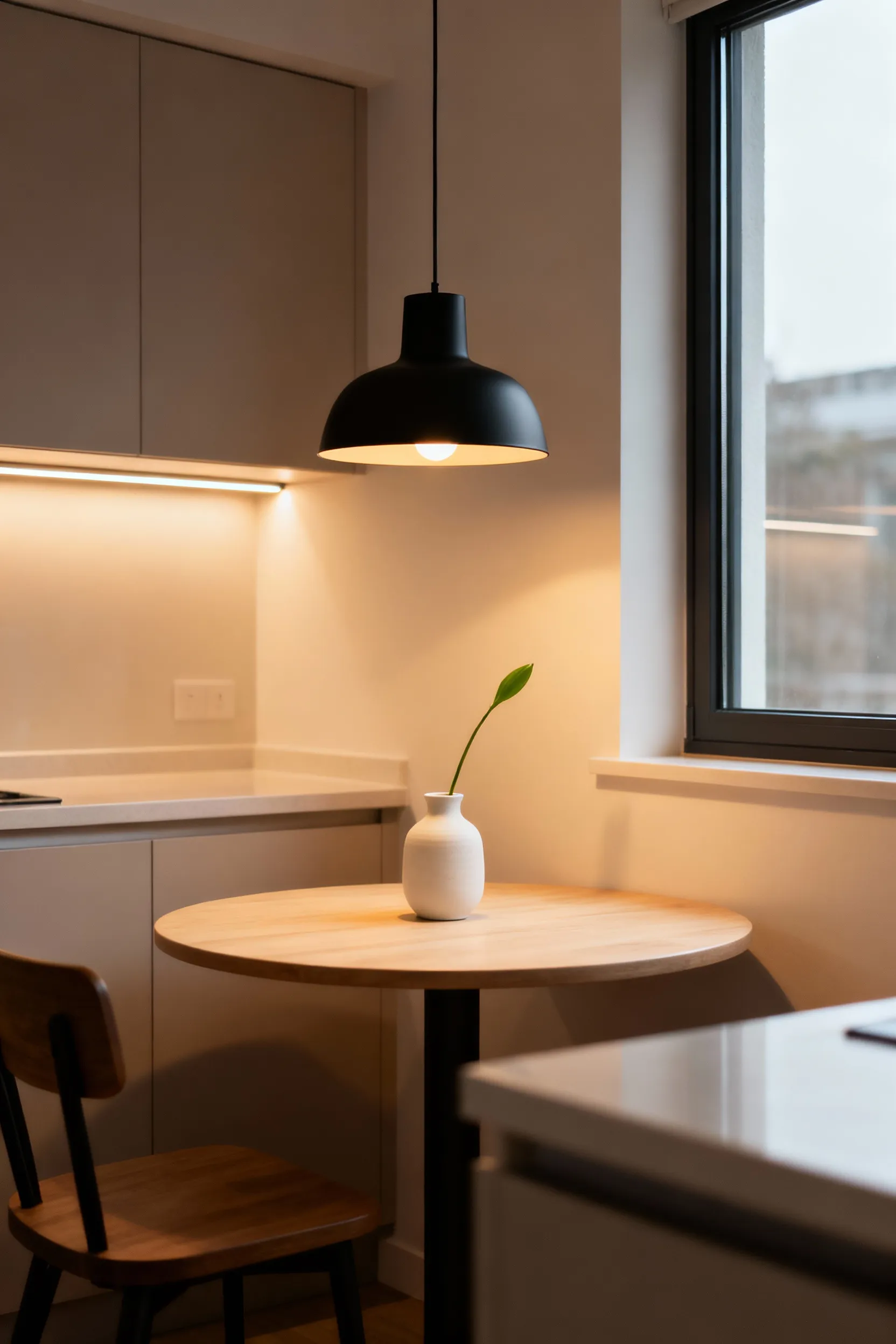 A beautifully lit kitchen bistro nook featuring an upgraded pendant light fixture, casting warm light on a table and illuminated under-cabinet spaces.