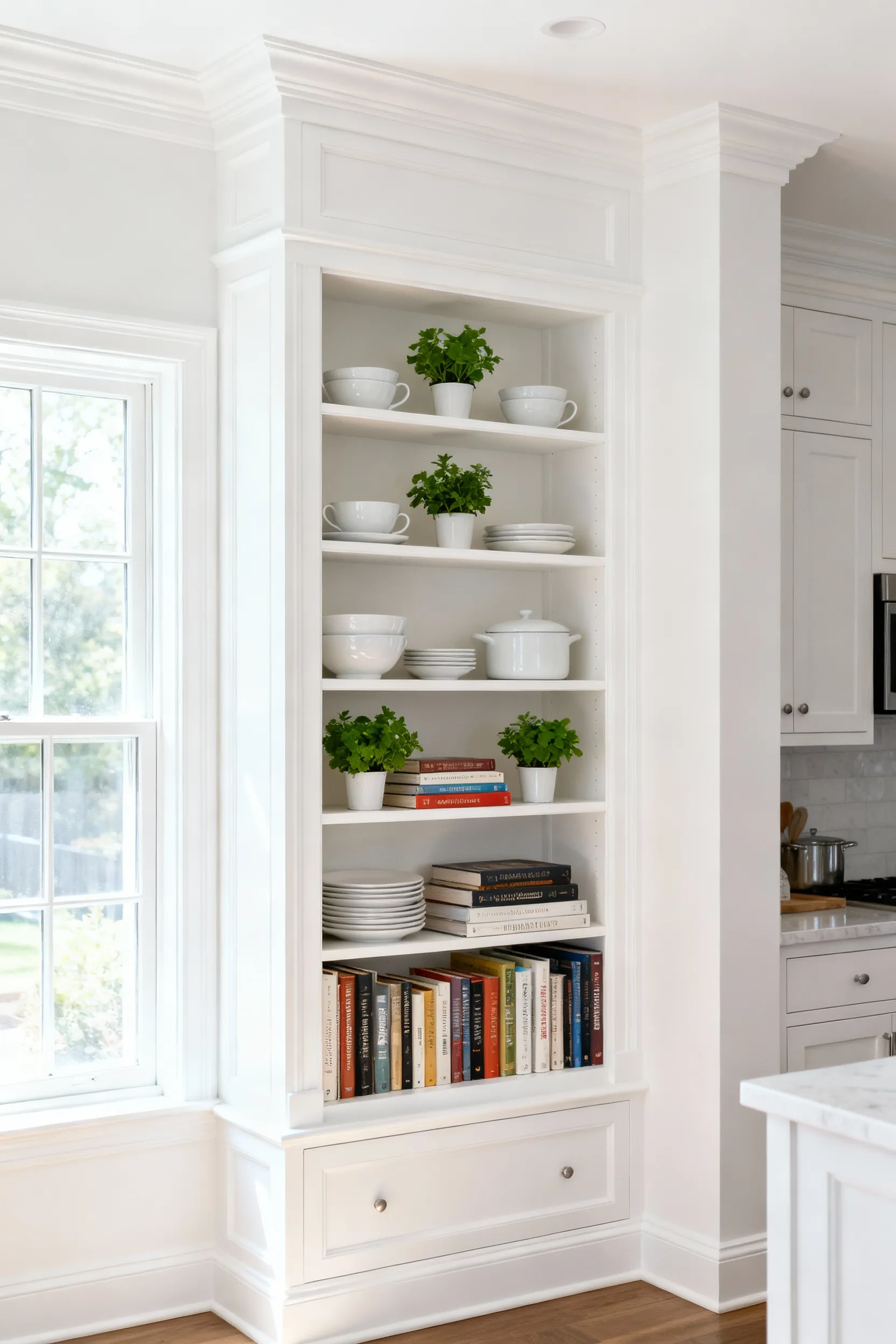 Modern kitchen with white faux built-in bookshelves perfectly integrated around a window, showcasing organized kitchenware, plants, and decorative molding for a custom, high-end look.