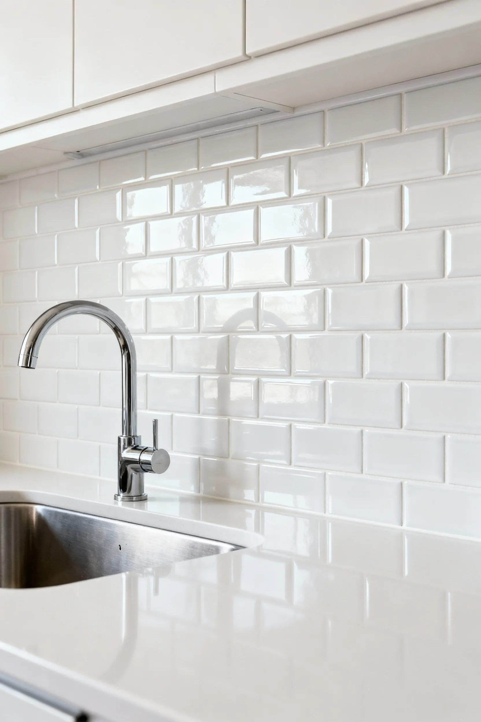 Close-up portrait of a modern kitchen wall featuring a meticulously installed white subway tile peel-and-stick backsplash, protecting the wall above a clean countertop and sink, highlighting its seamless, high-quality appearance.