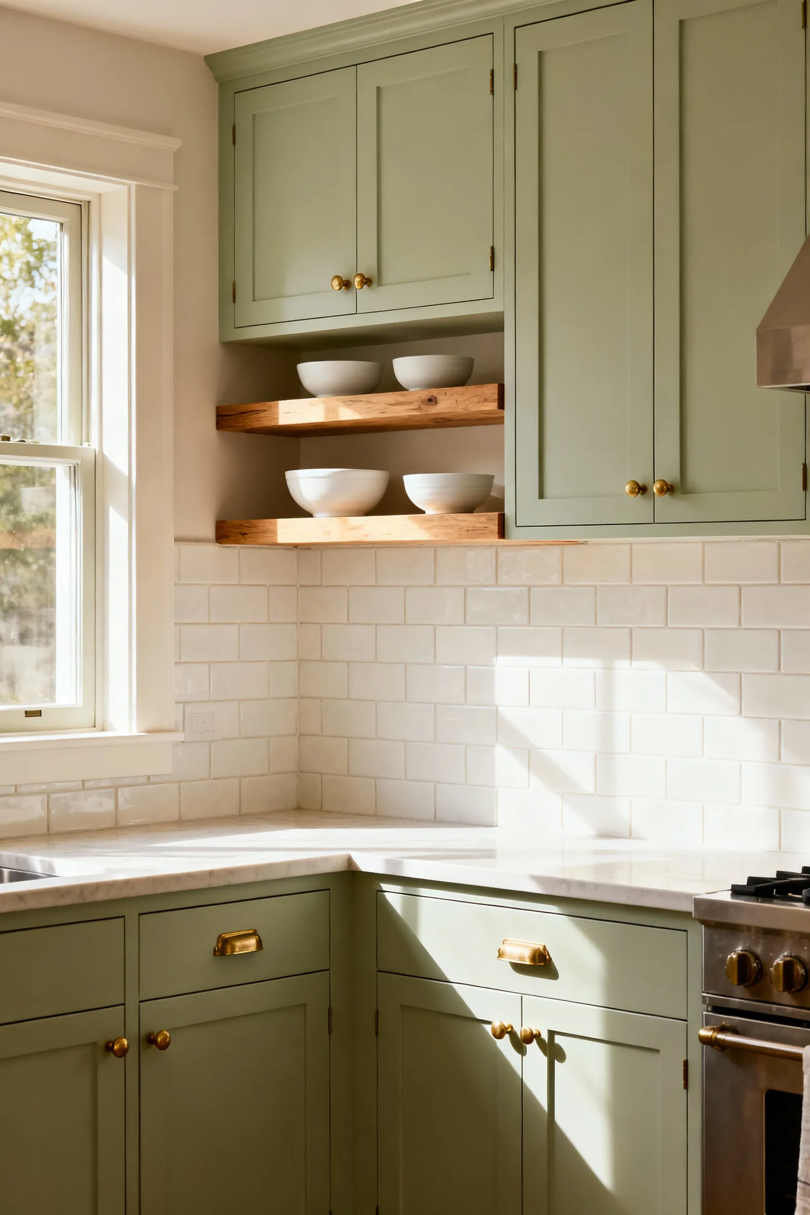 Elegant kitchen featuring a cohesive sage green and creamy white color palette, with brass hardware and natural wood shelves, embodying visual harmony.
