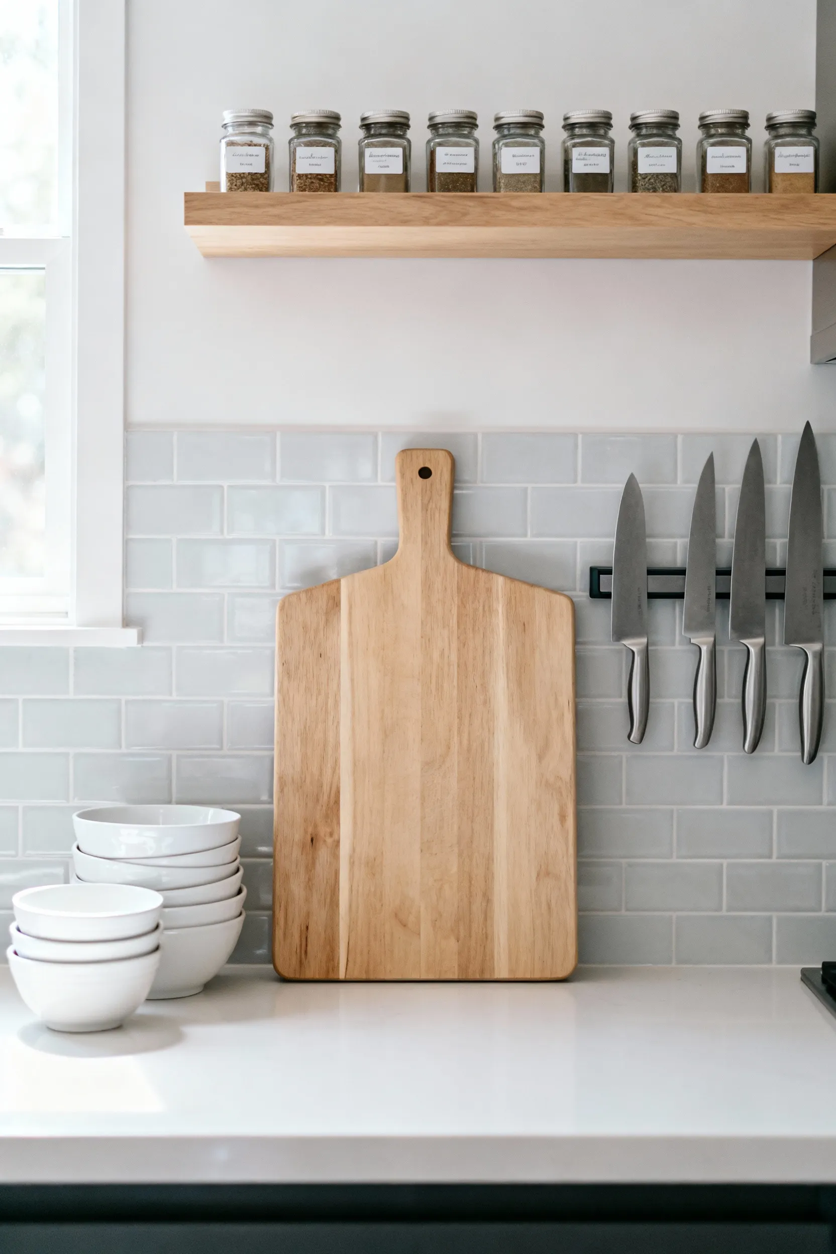 A perfectly organized kitchen prep zone featuring a wooden cutting board, white mixing bowls, and magnetic knife block against a light backsplash, embodying an efficient zoned kitchen layout.