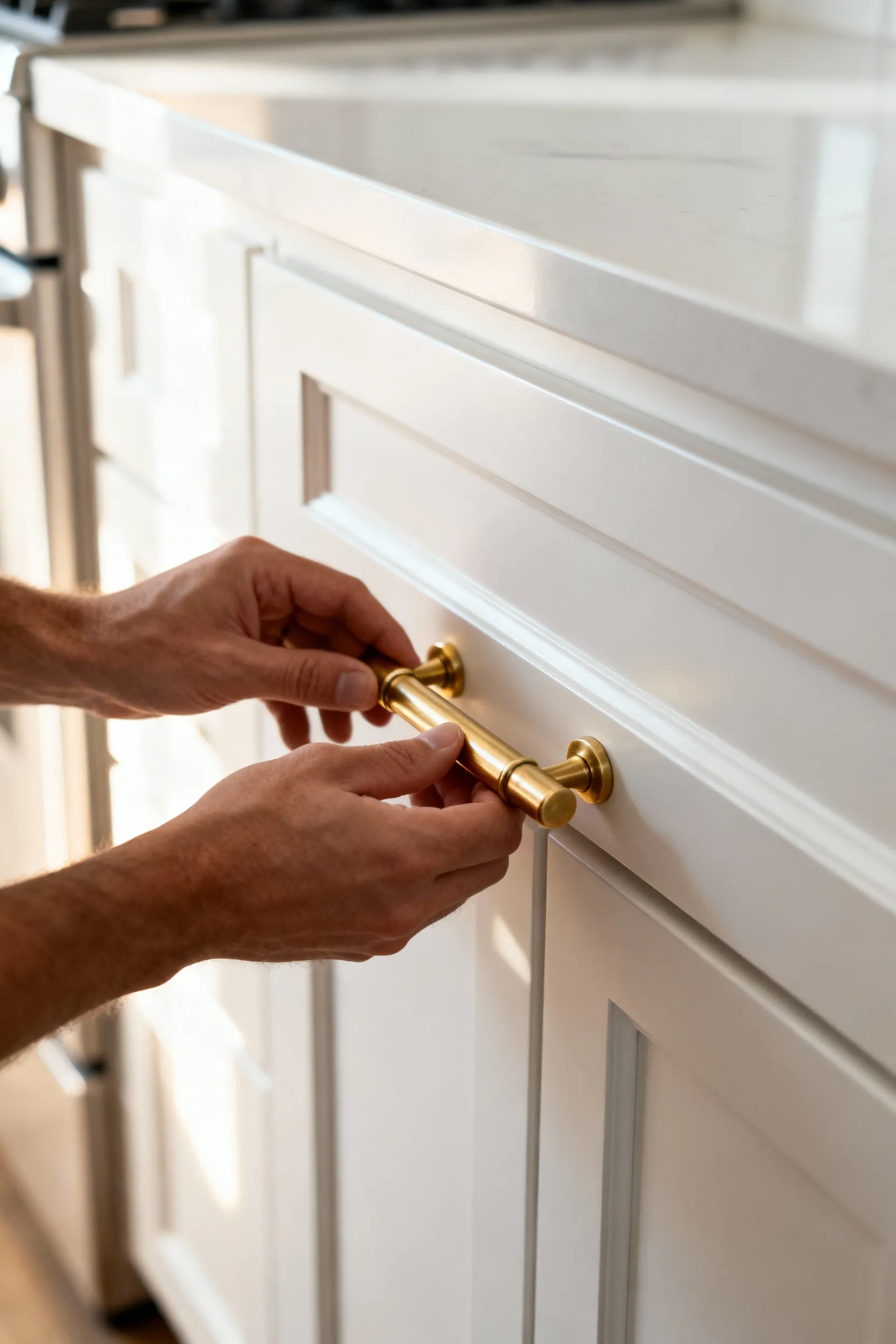 Close-up of elegant brushed brass cabinet pull being carefully installed by hands on a white shaker kitchen cabinet door, showcasing a stylish kitchen hardware upgrade.