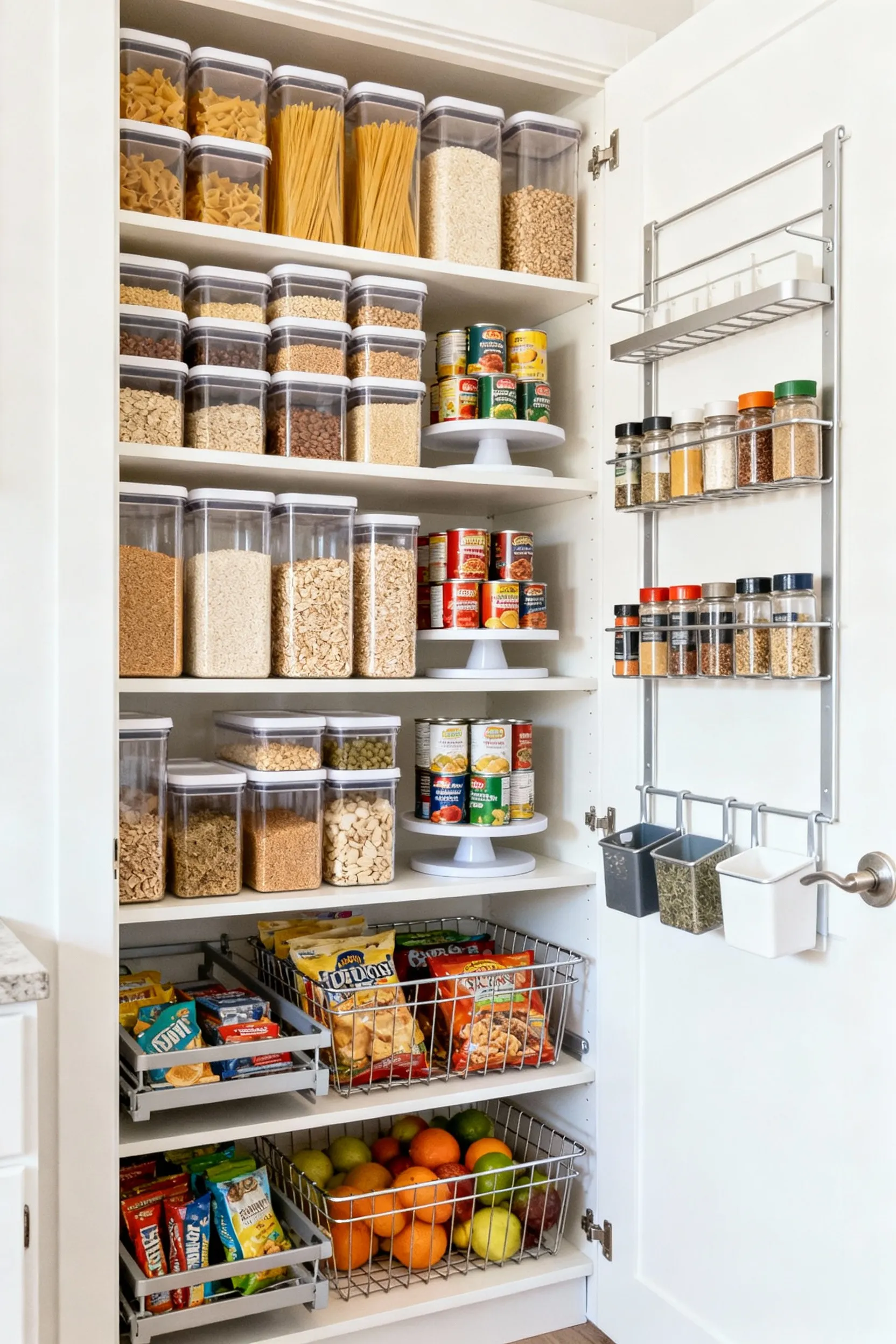 A beautifully organized kitchen pantry with clear, stackable containers, tiered risers for canned goods, and pull-out baskets. The pantry door maximizes storage with mounted spice racks, all contributing to an efficient, clutter-free, and well-lit kitchen space.