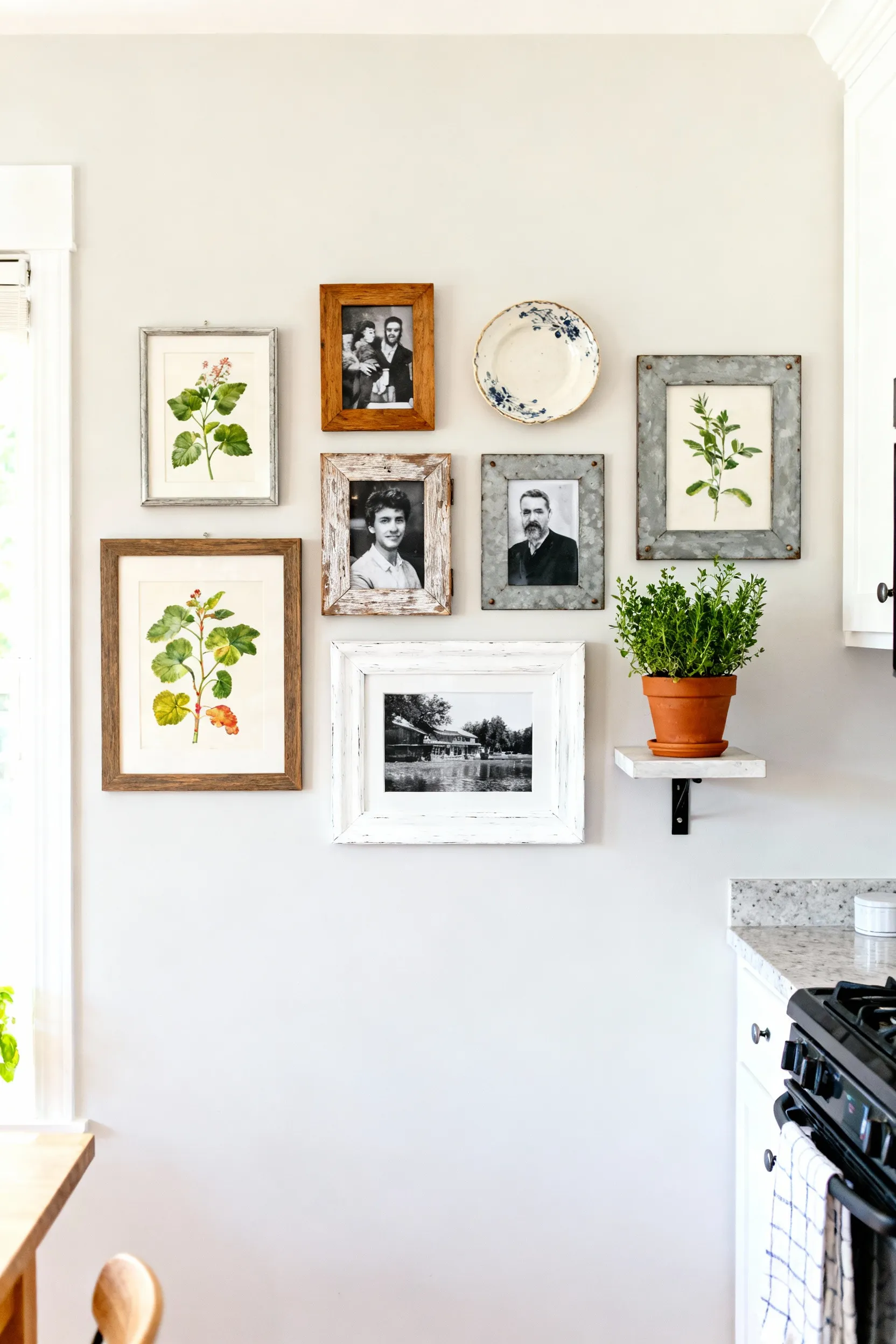 A thoughtfully curated kitchen gallery wall featuring mixed media, frames, and personal items, serving as a dynamic focal point in a budget-friendly kitchen decor setting.