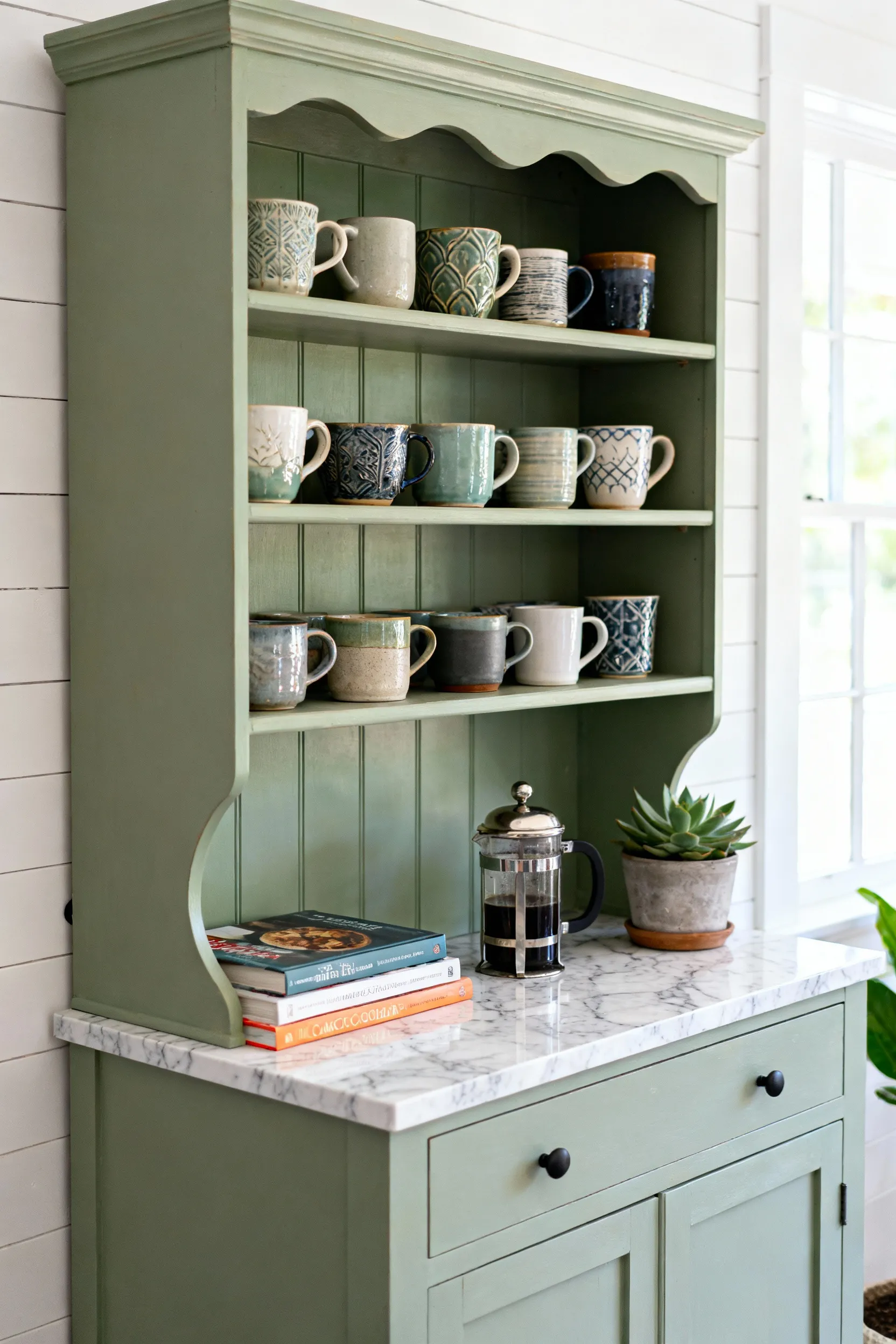 A beautifully repurposed vintage green hutch in a kitchen acting as a coffee bar, displaying thrifted ceramic mugs and a French press, lit by natural light.
