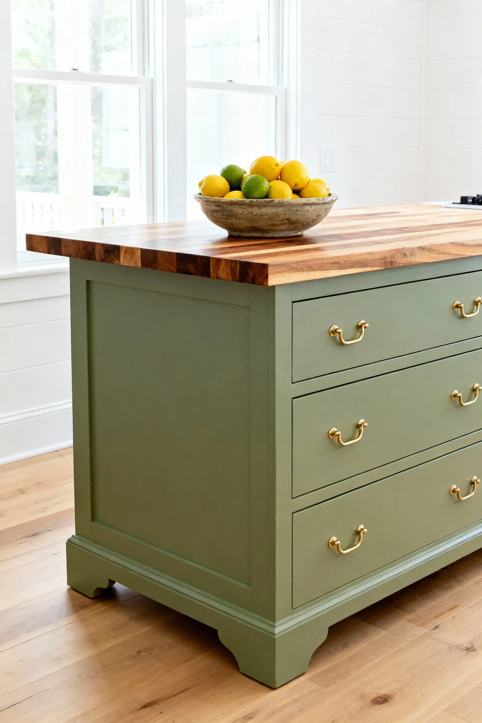 Kitchen island repurposed from a thrift store dresser, painted sage green with butcher block top, in a bright kitchen