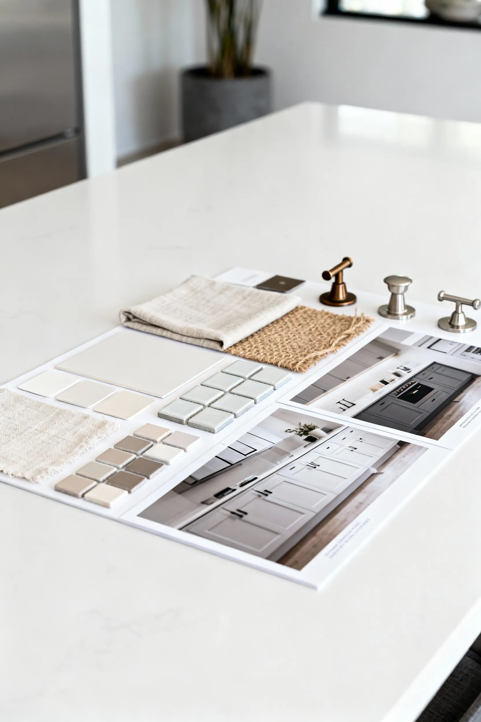 A detailed physical kitchen mood board with various design elements for budget-friendly styling, featuring paint swatches, tile samples, fabric textures, and kitchen decor images.