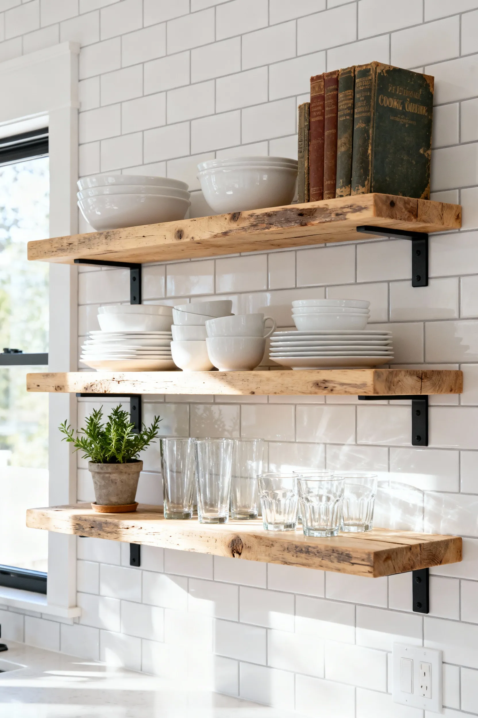 Kitchen open shelving with white ceramic dishes, glass tumblers, and a green plant, showcasing character and accessible storage.
